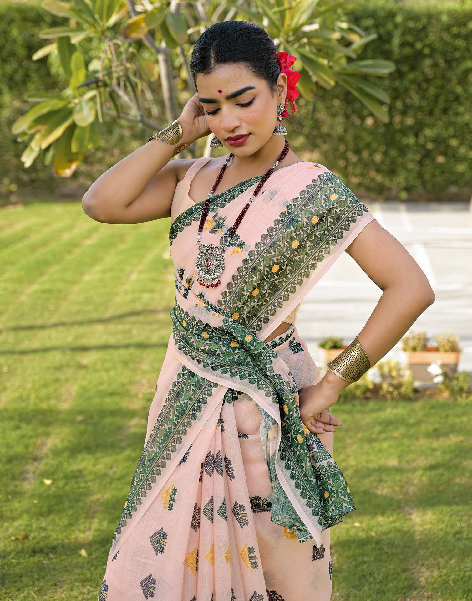 Peach Linen Printed Saree - Image 5
