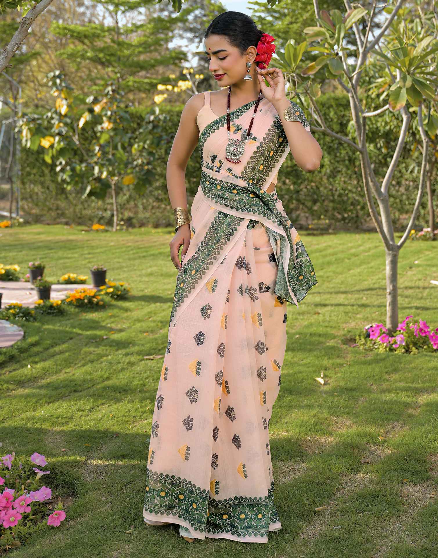 Peach Linen Printed Saree - Image 8
