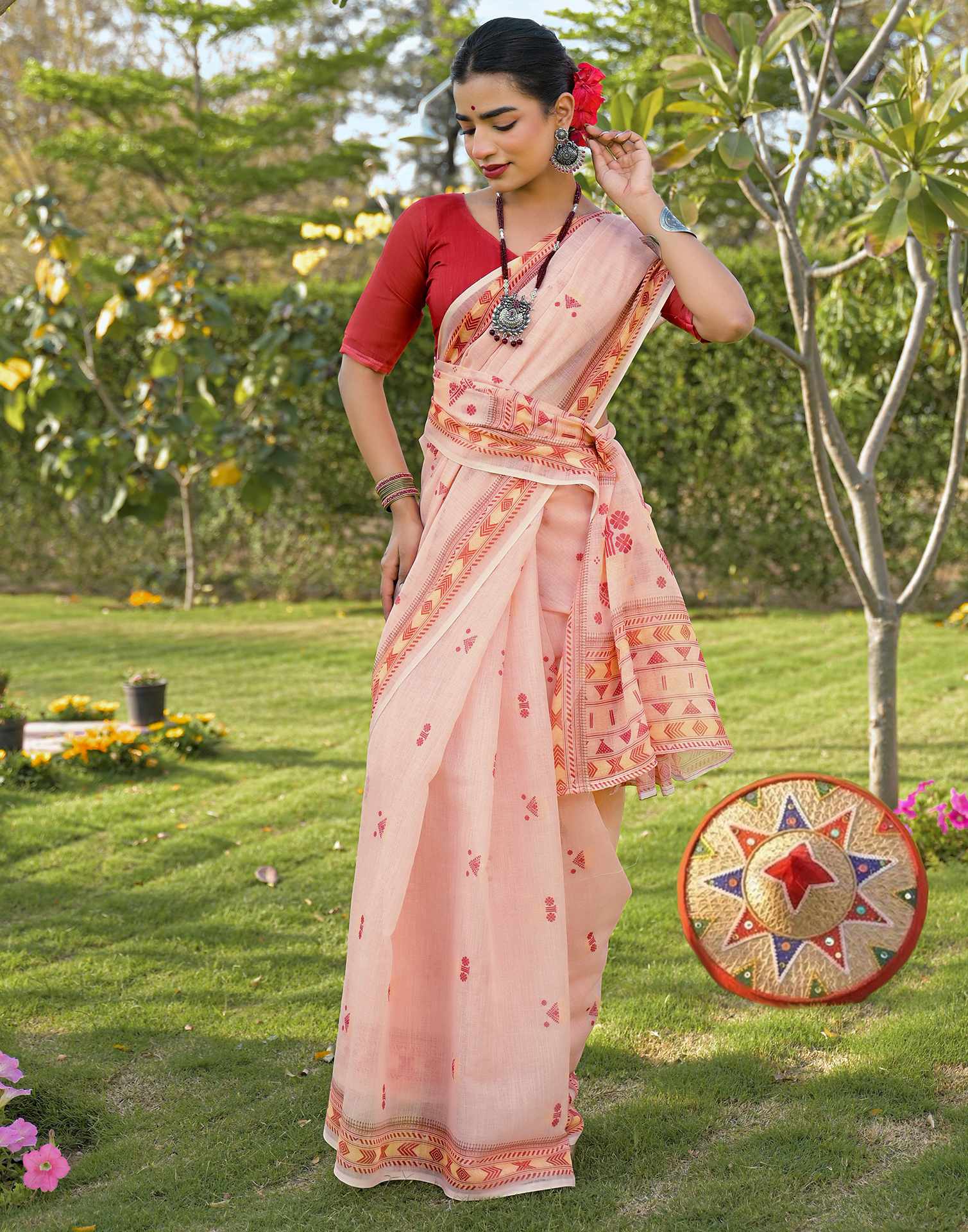 Peach Linen Printed Saree - Image 10