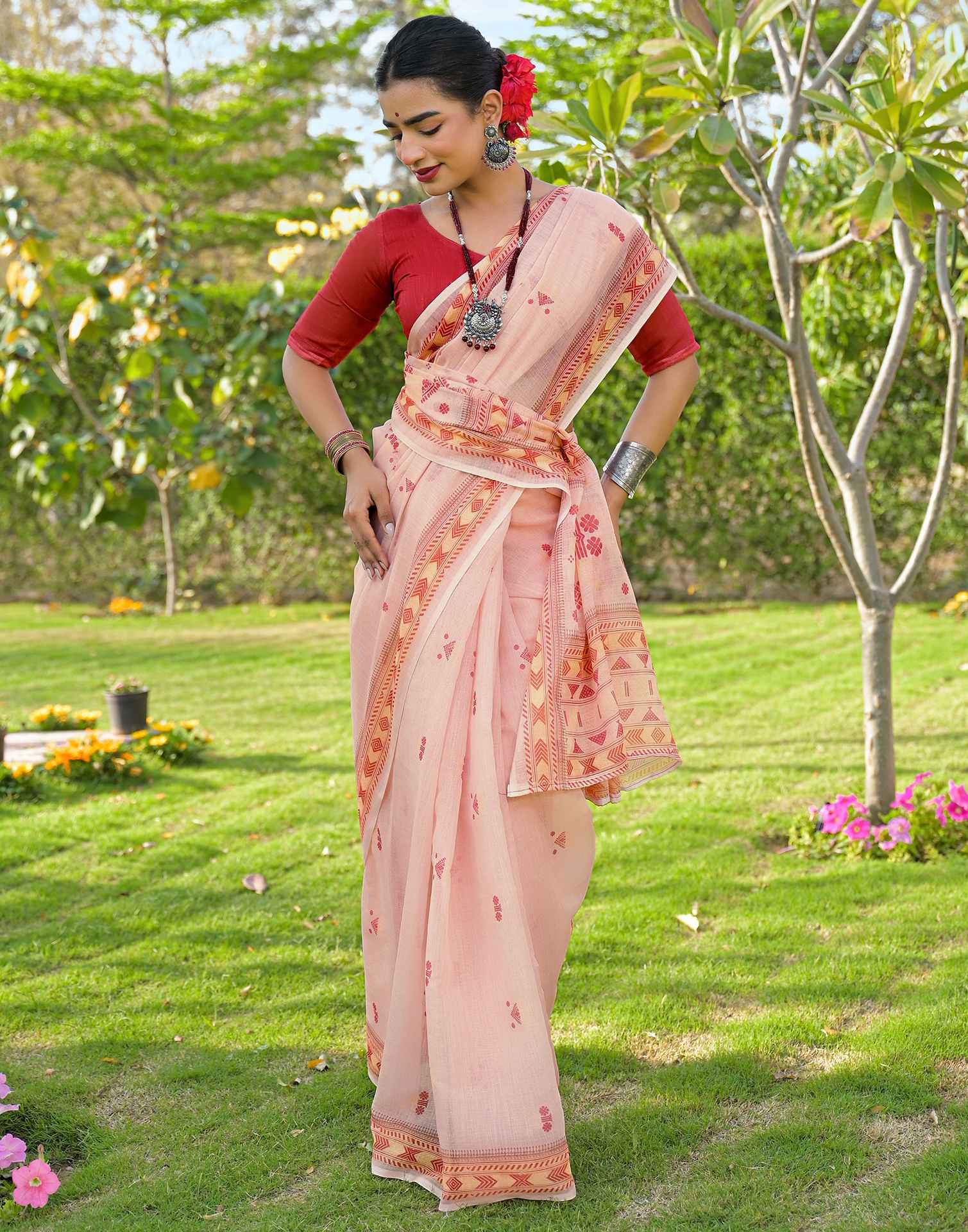 Peach Linen Printed Saree - Image 2