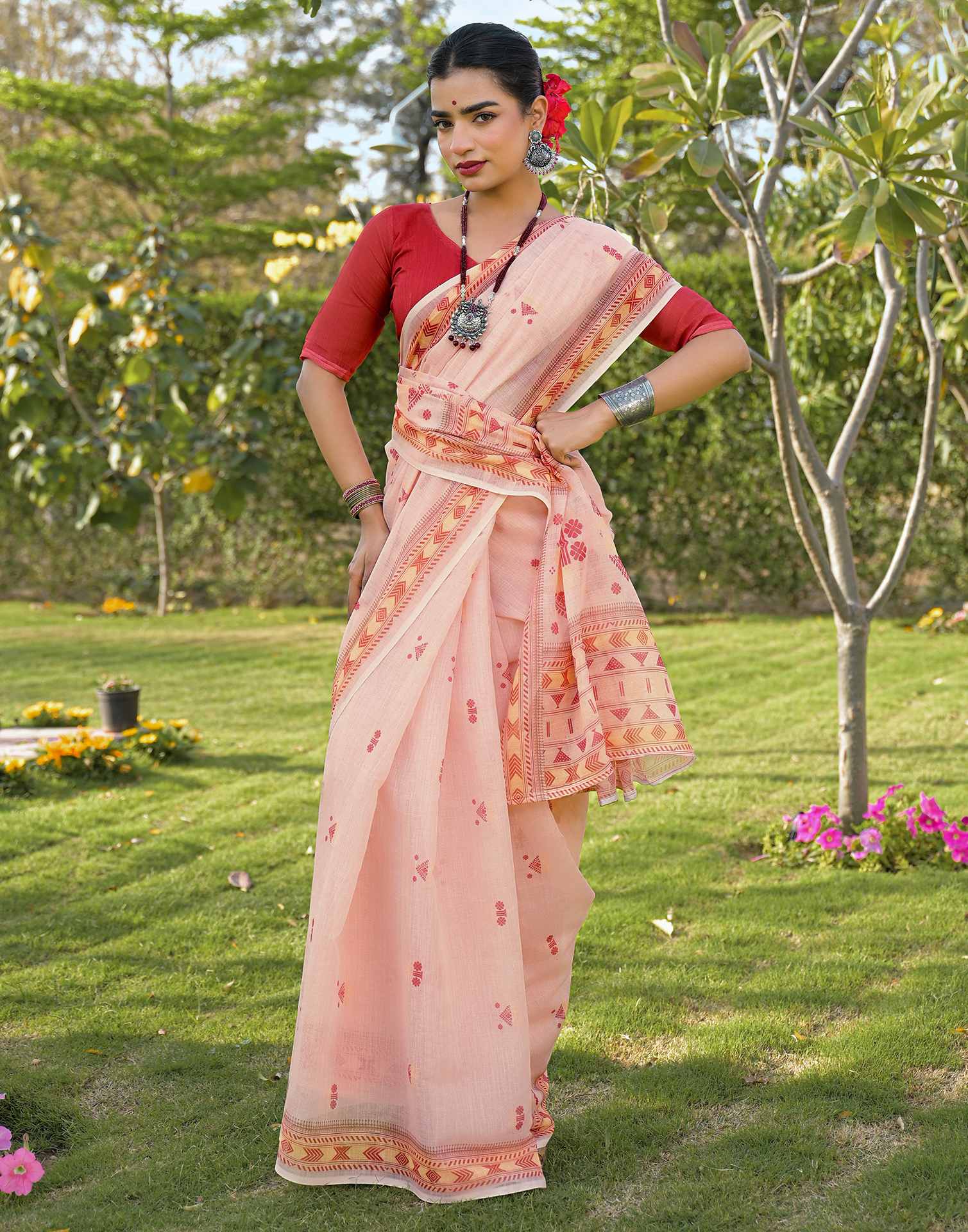 Peach Linen Printed Saree - Image 5