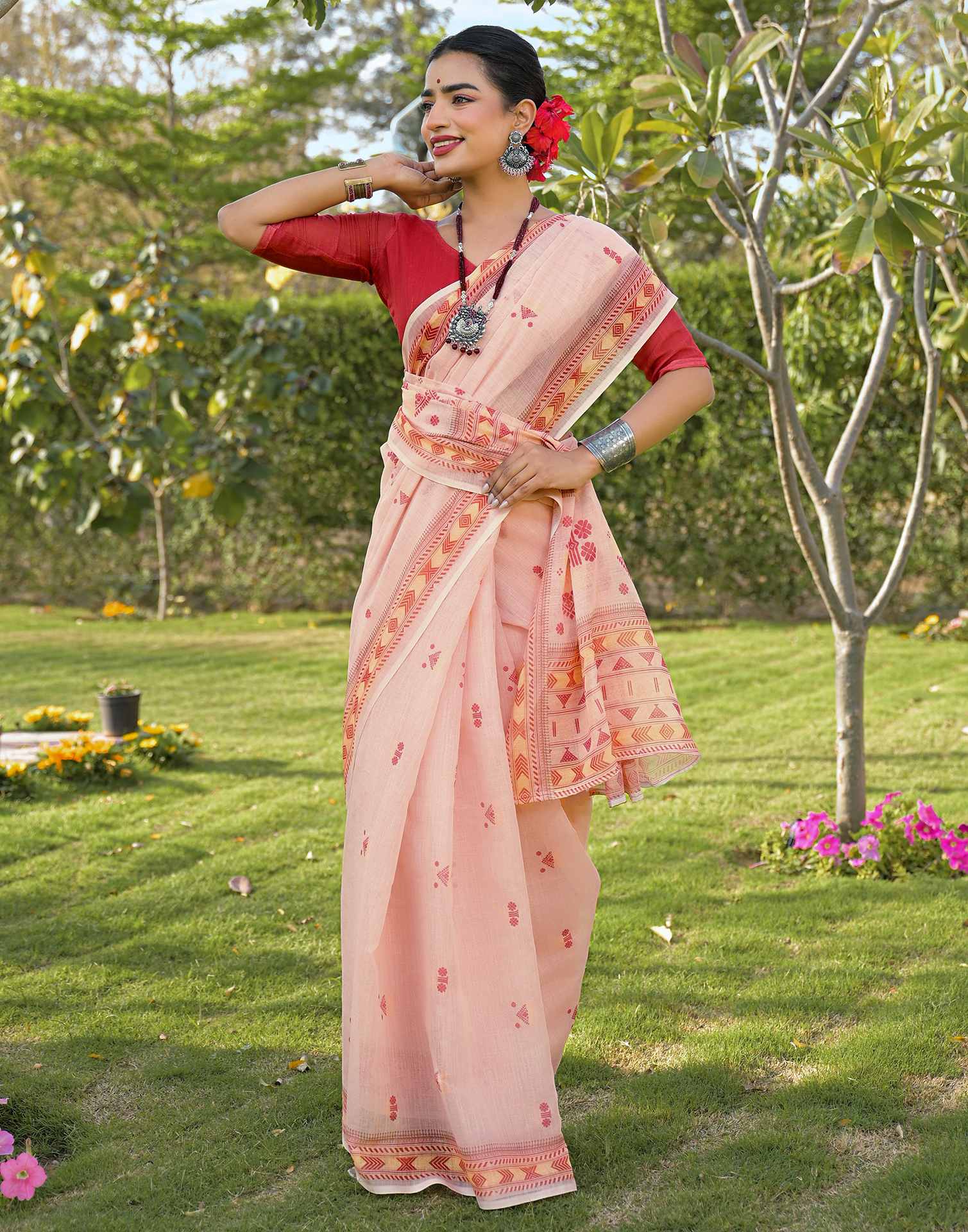 Peach Linen Printed Saree - Image 7