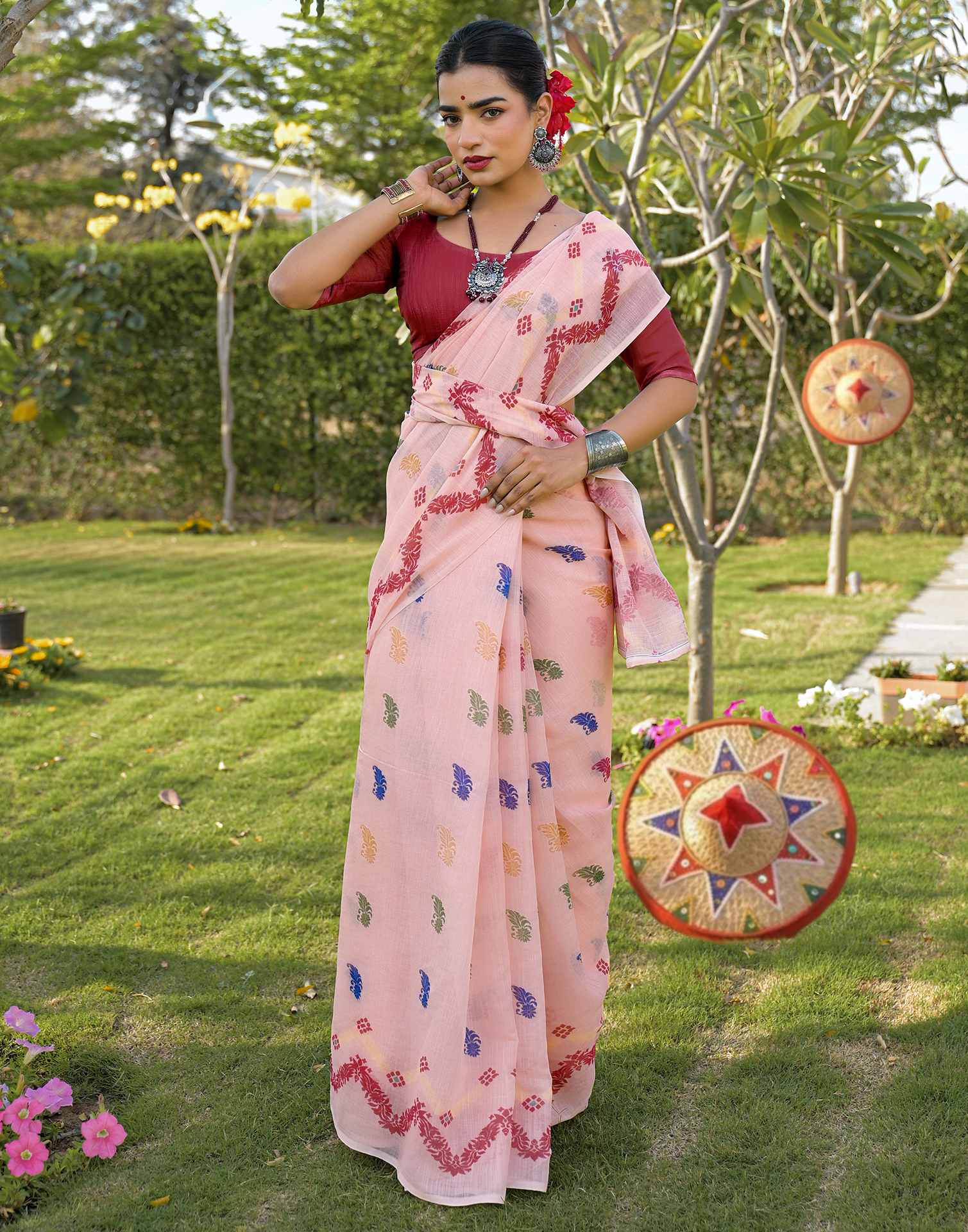 Peach Linen Printed Saree - Image 2