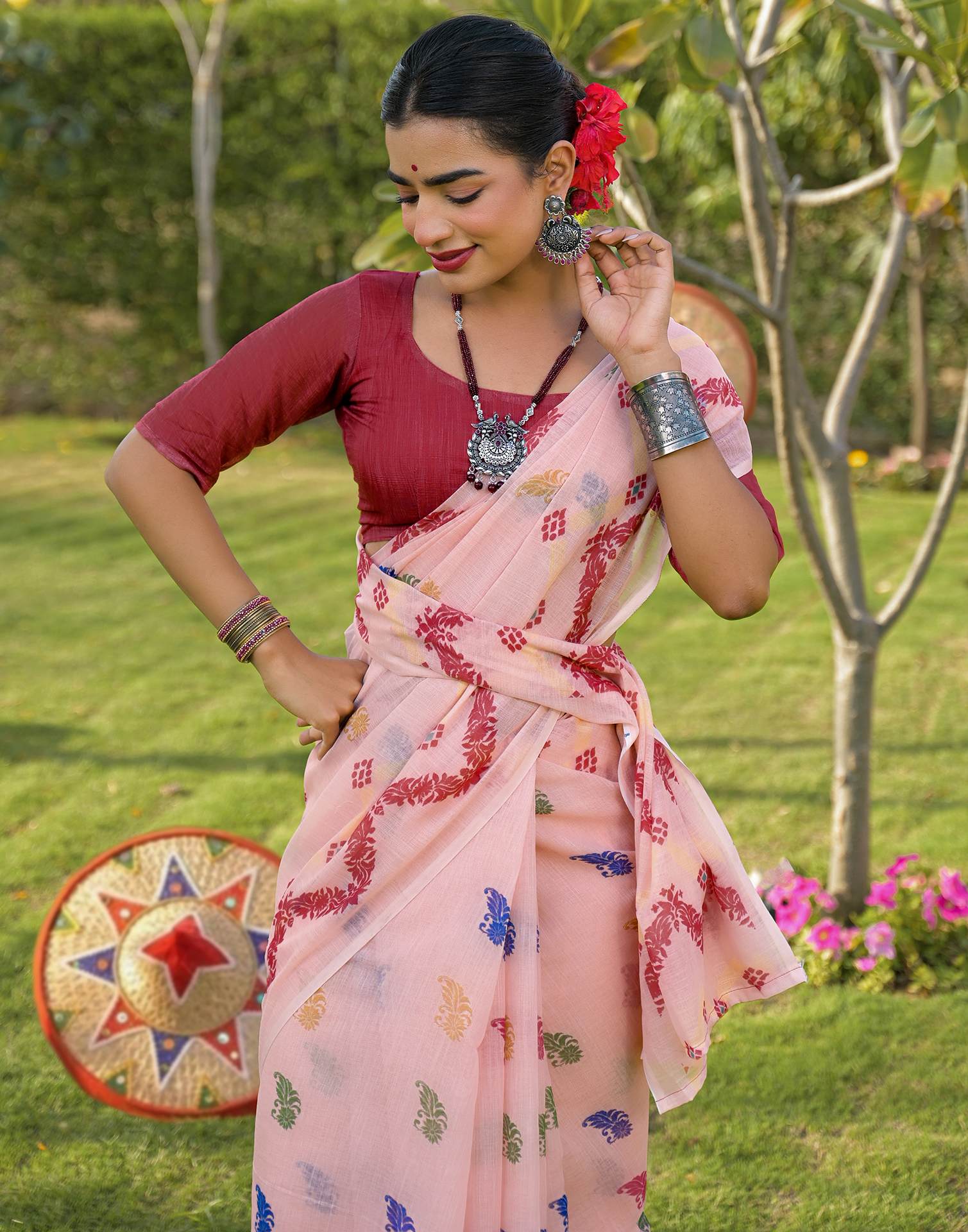 Peach Linen Printed Saree - Image 3