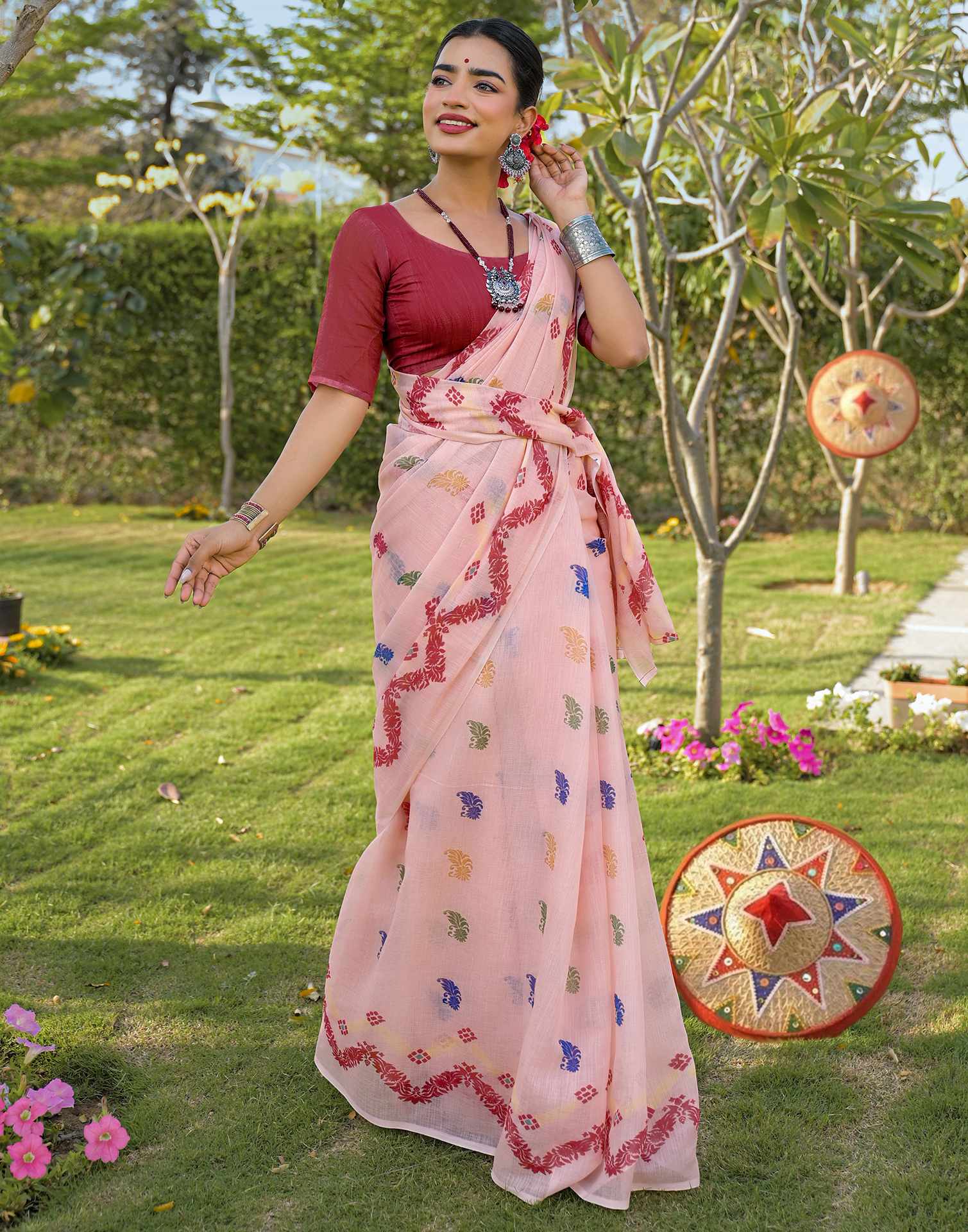 Peach Linen Printed Saree - Image 5
