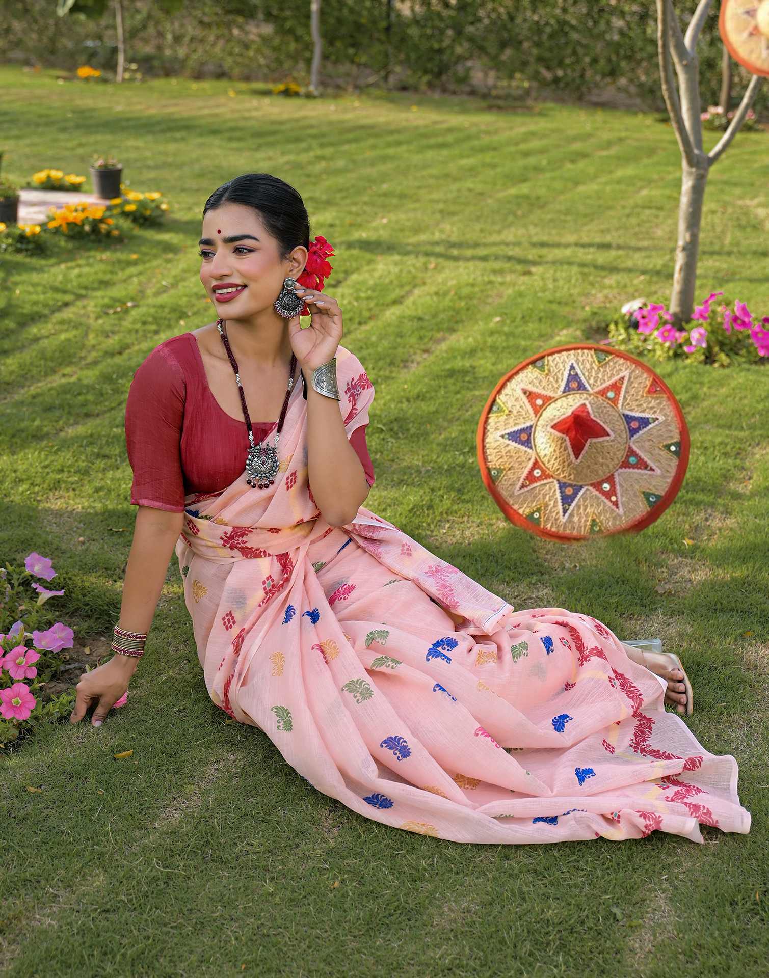 Peach Linen Printed Saree - Image 6
