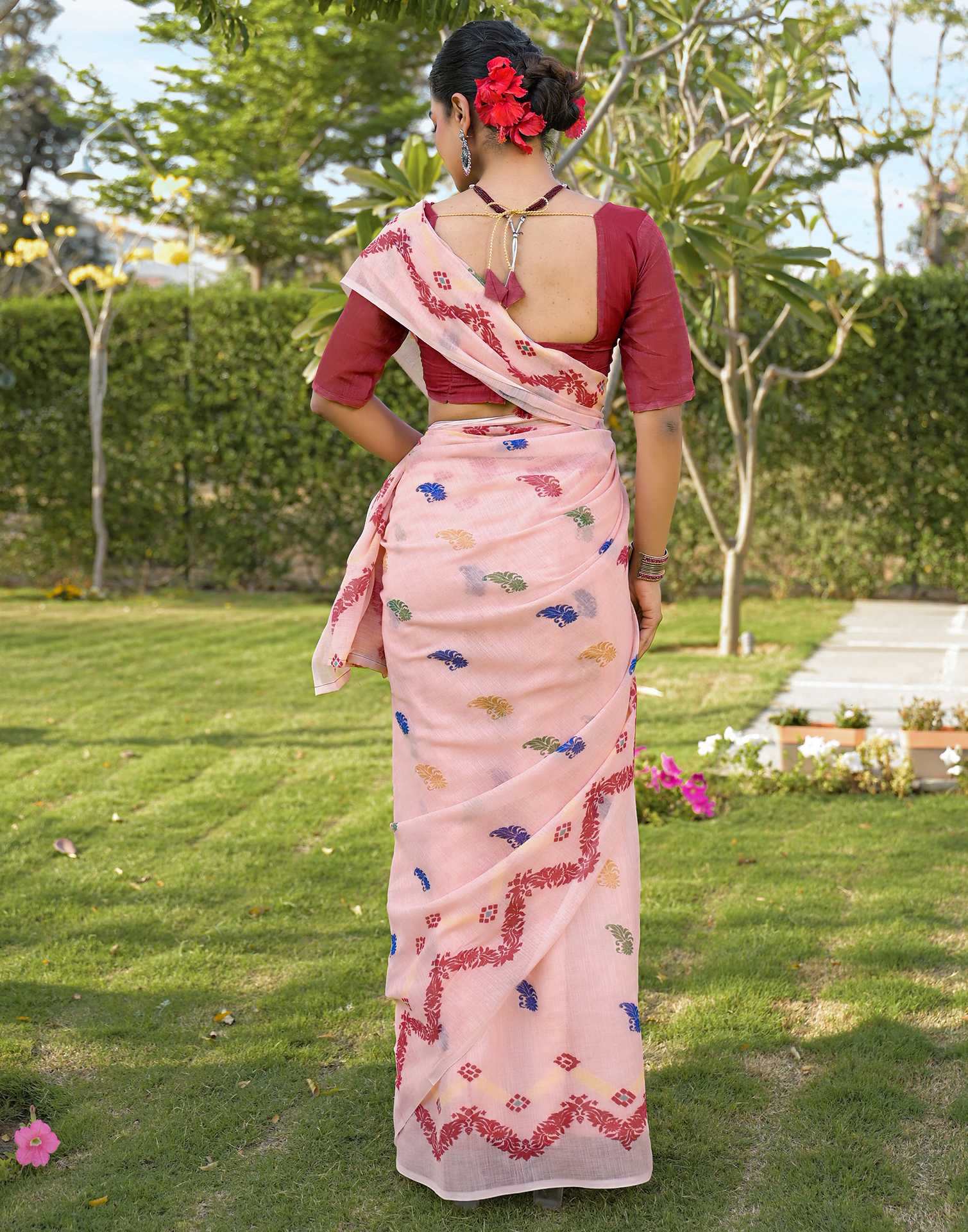 Peach Linen Printed Saree - Image 8