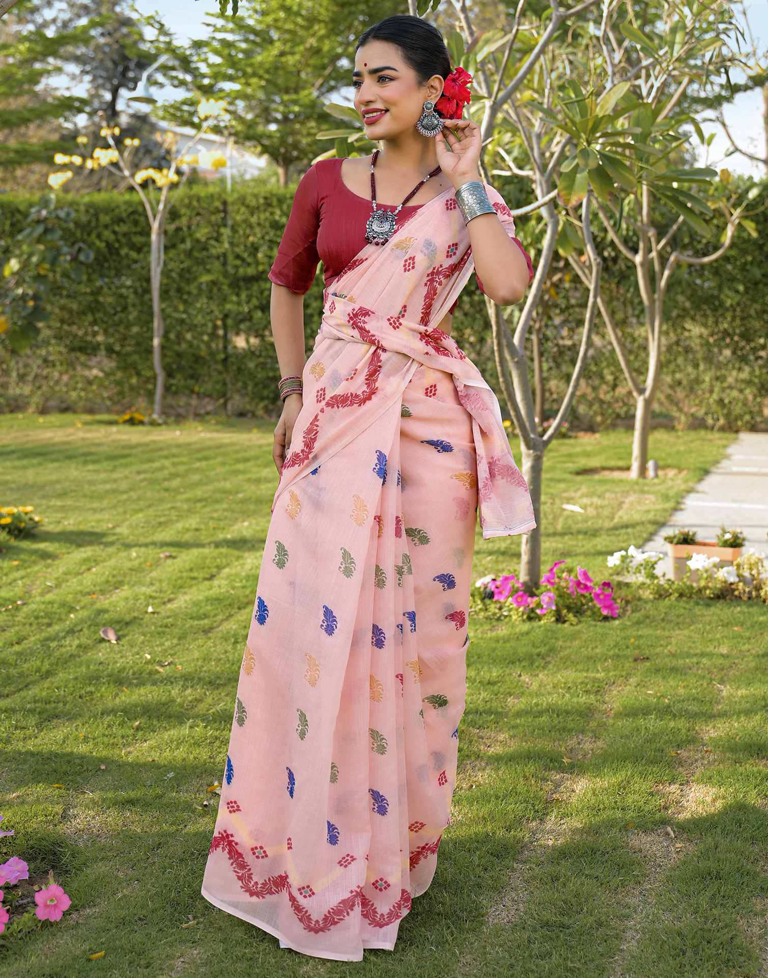 Peach Linen Printed Saree - Image 9