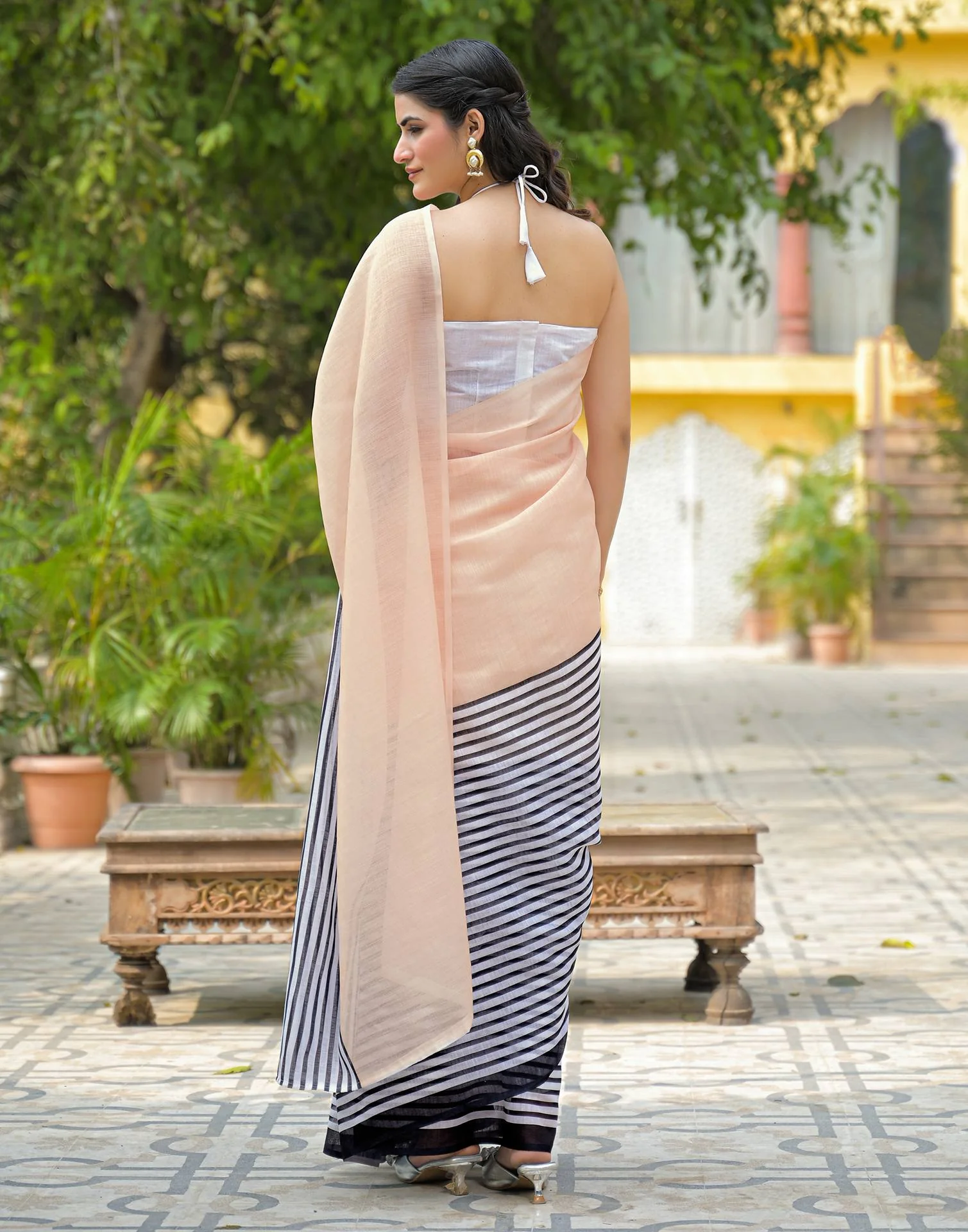 Peach Linen Printed Saree - Image 7