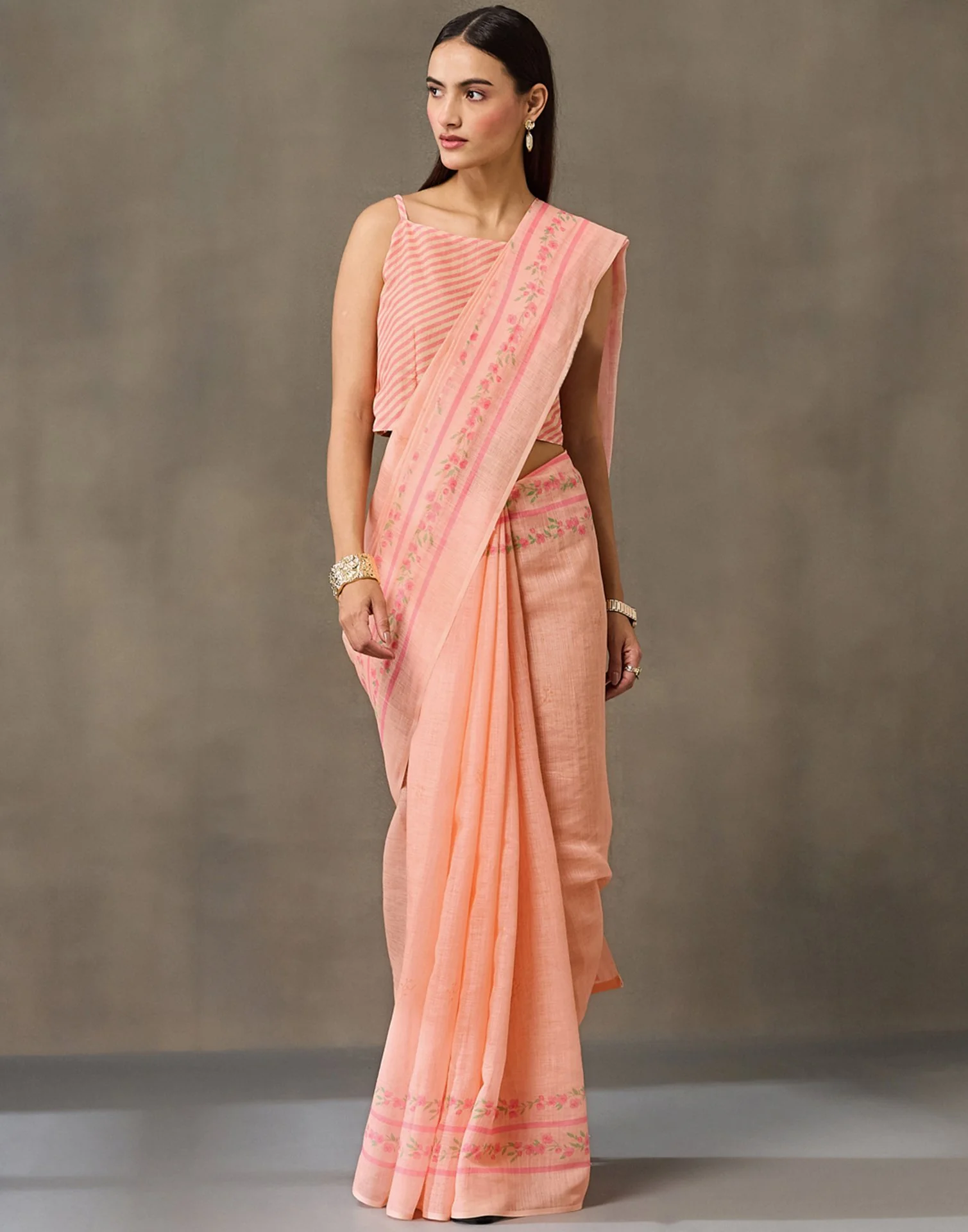 Peach Linen Printed Saree