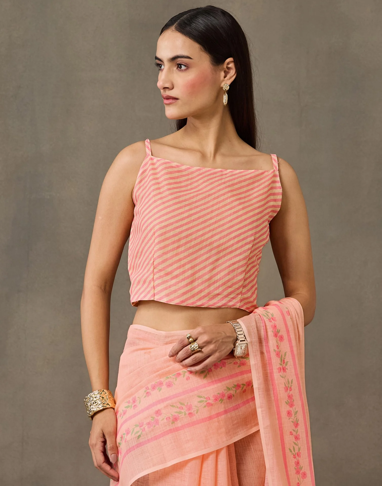 Peach Linen Printed Saree - Image 10
