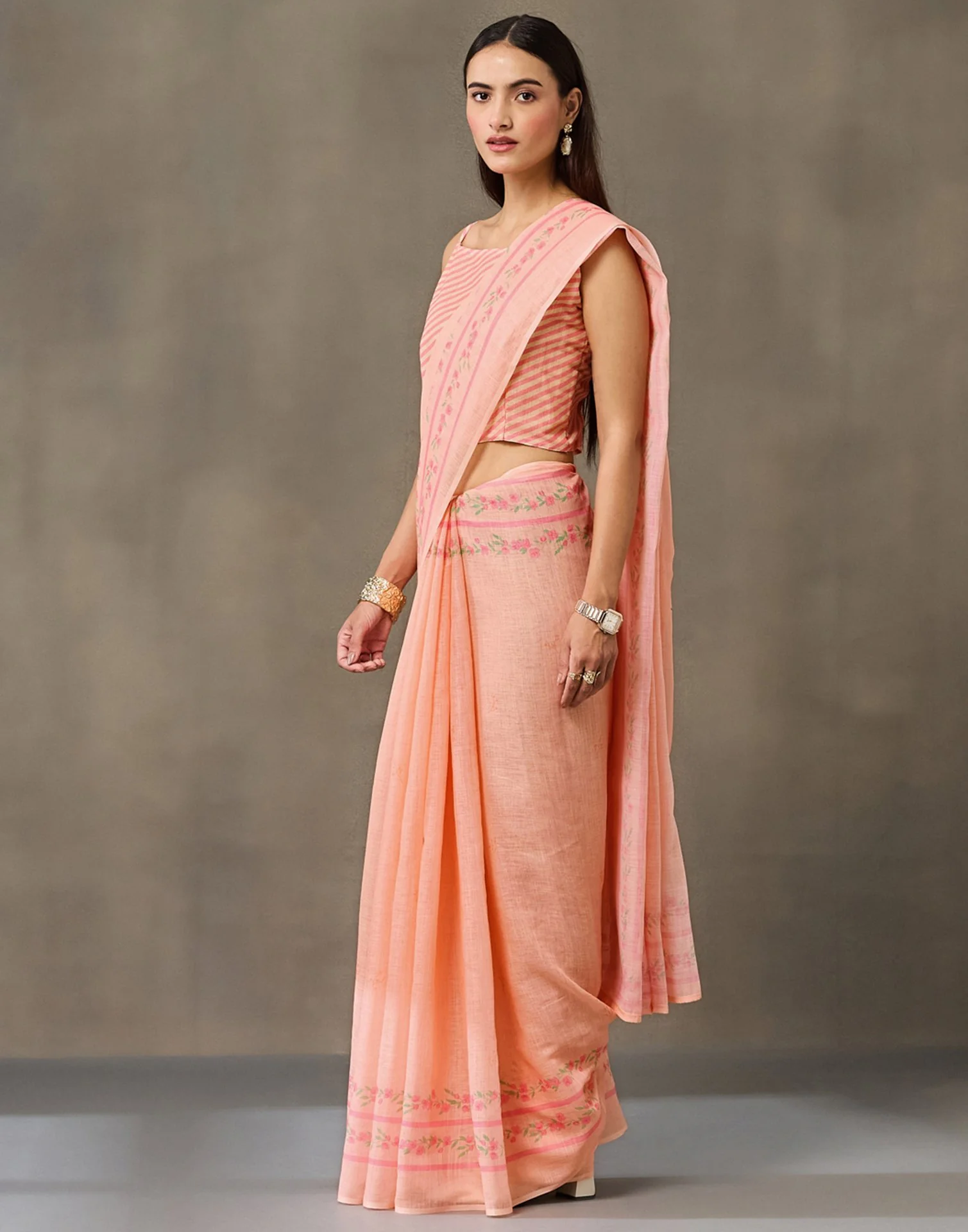 Peach Linen Printed Saree - Image 4