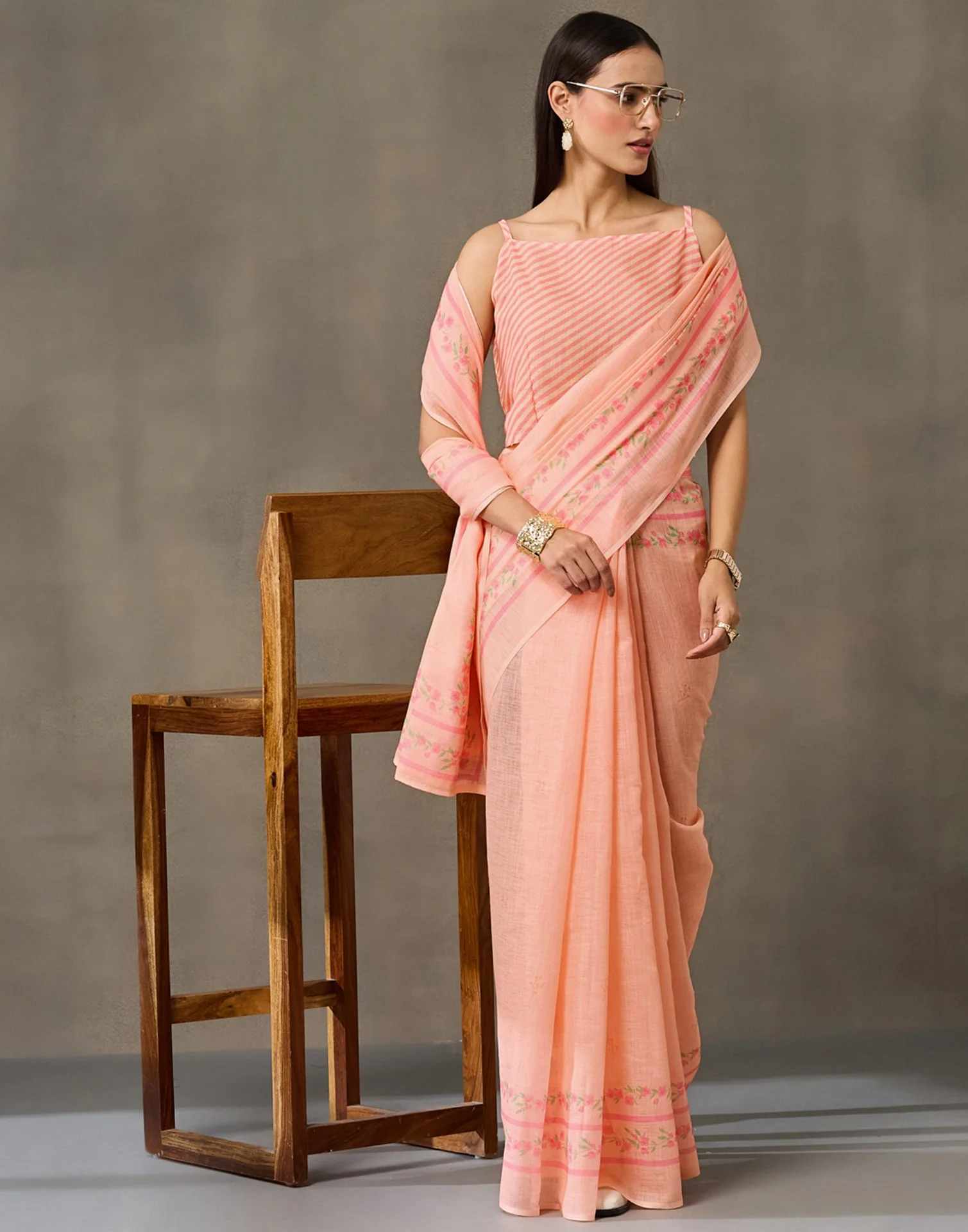 Peach Linen Printed Saree - Image 7