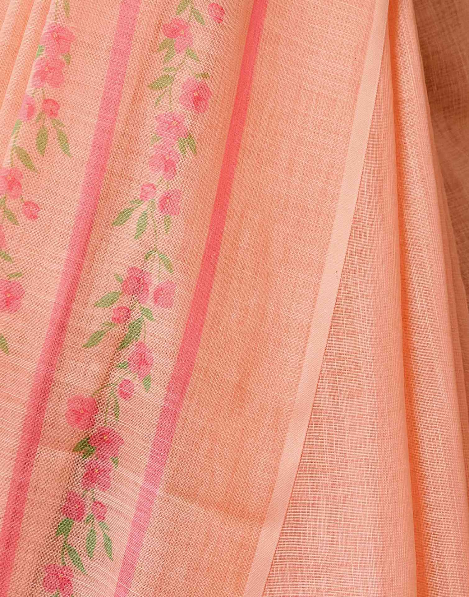 Peach Linen Printed Saree - Image 9