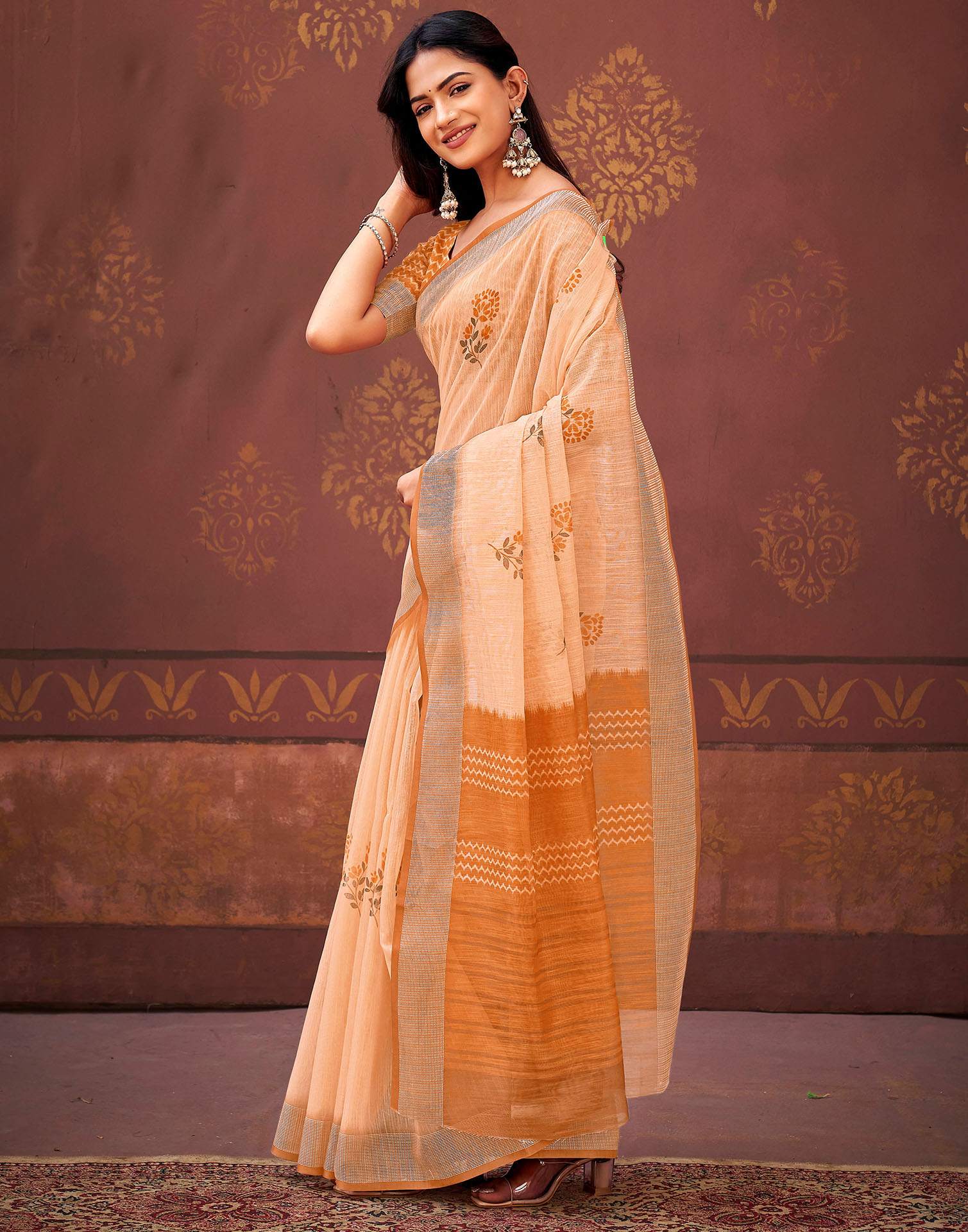Peach Linen Printed Saree - Image 4