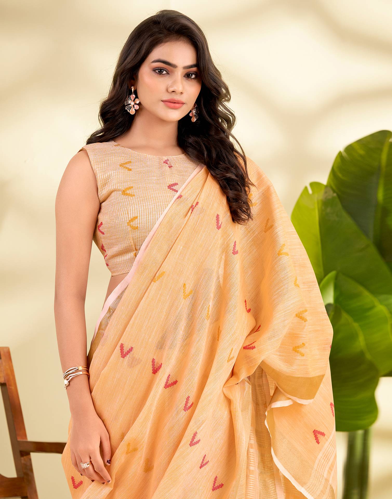 Peach Linen Silk Woven Saree - Image 4