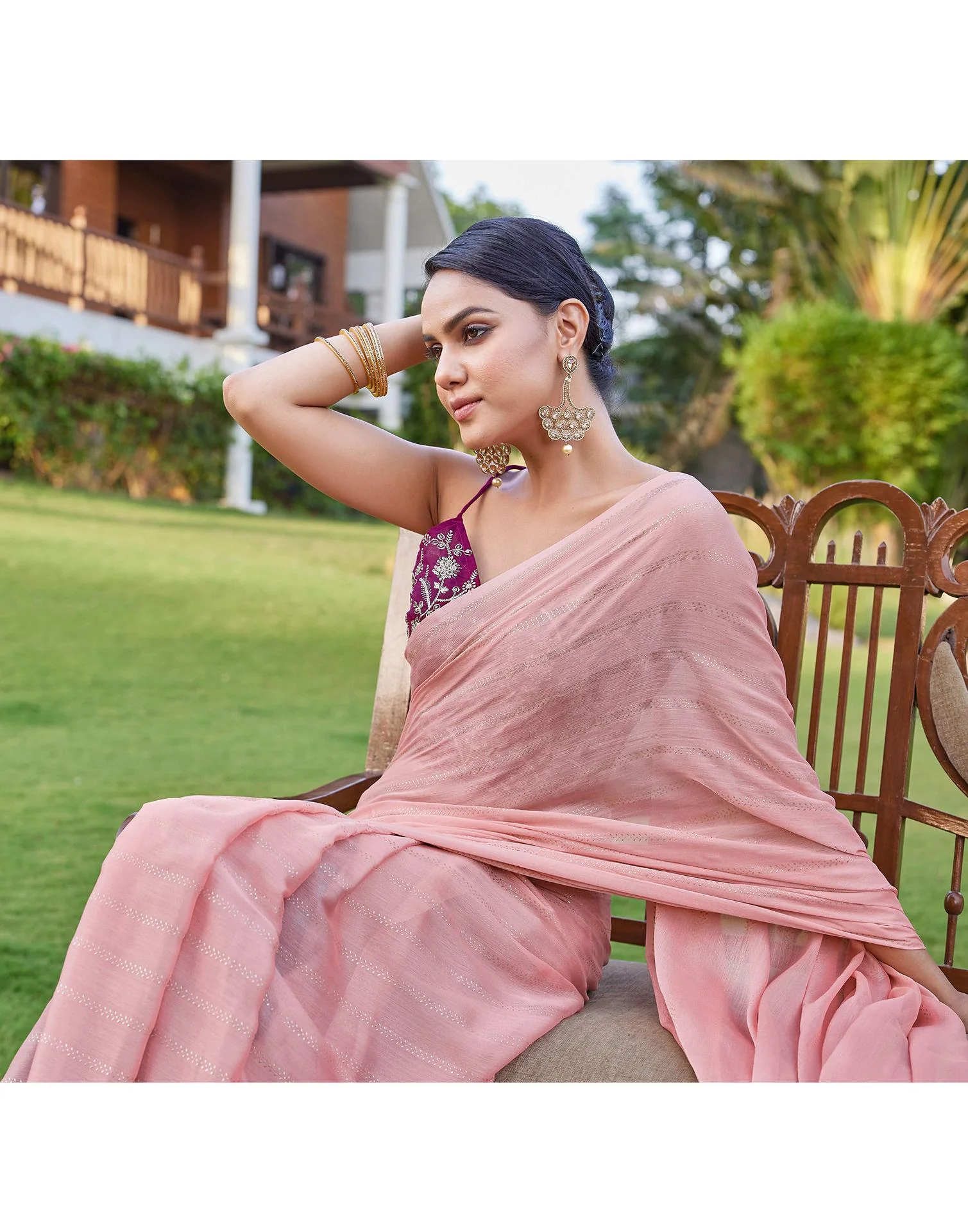 Peach Pink Georgette Foil Printed Saree - Image 2