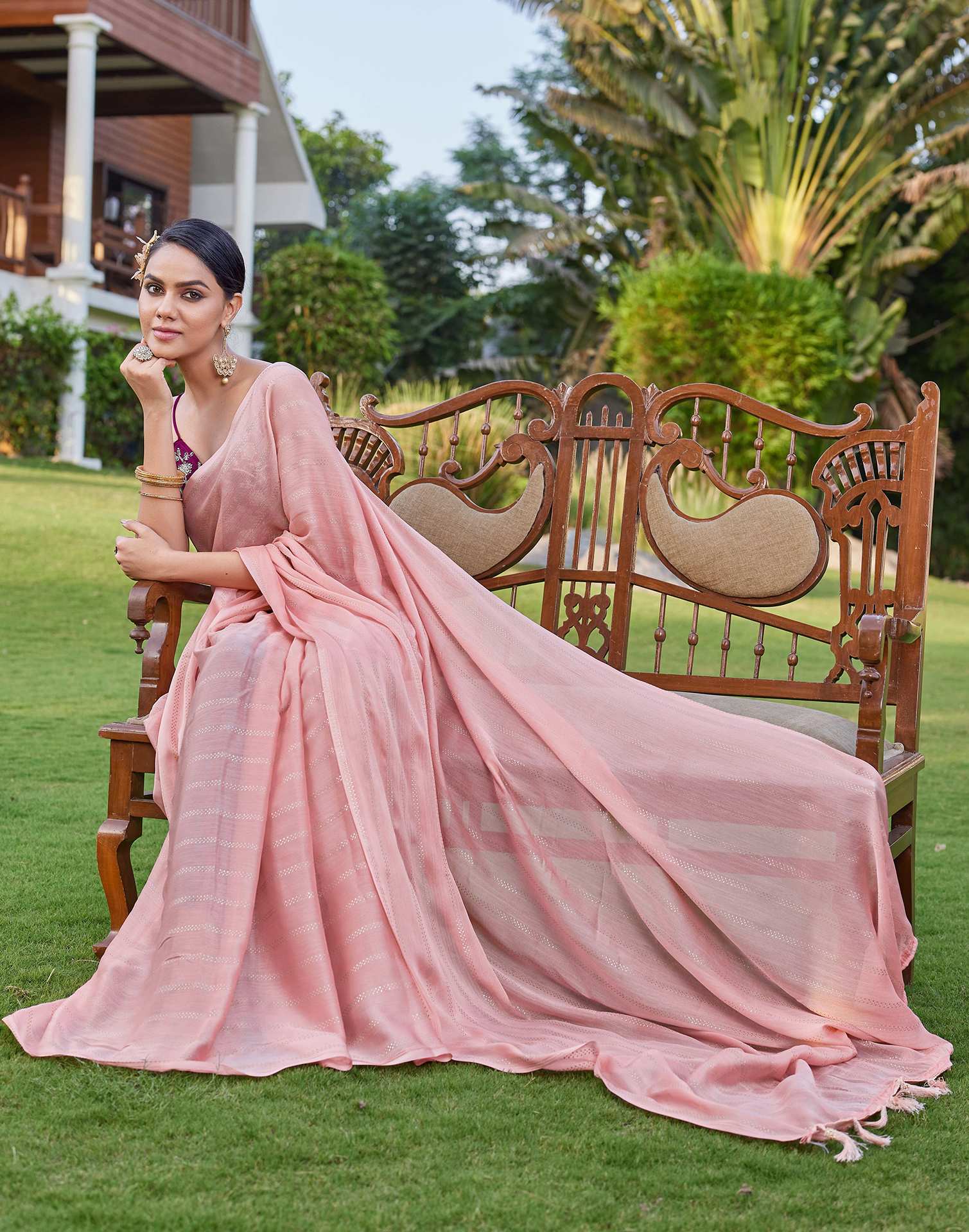 Peach Pink Georgette Foil Printed Saree - Image 4
