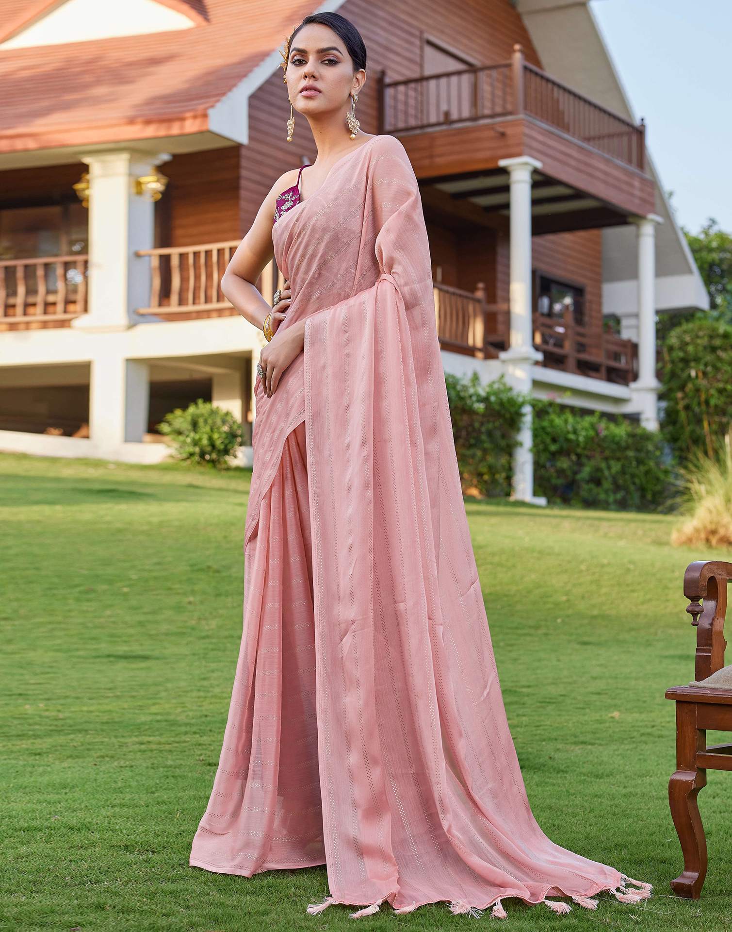 Peach Pink Georgette Foil Printed Saree - Image 5