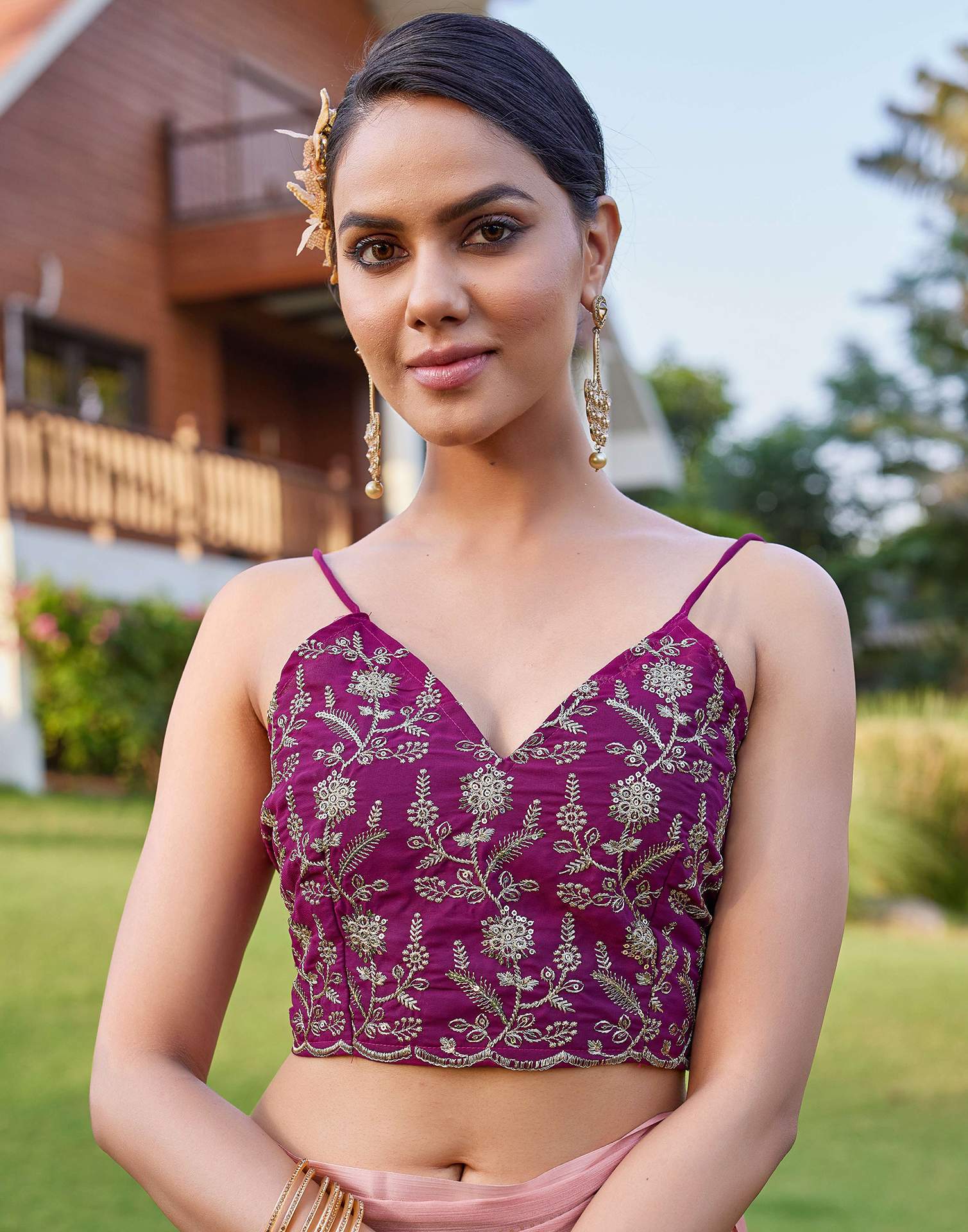 Peach Pink Georgette Foil Printed Saree - Image 9
