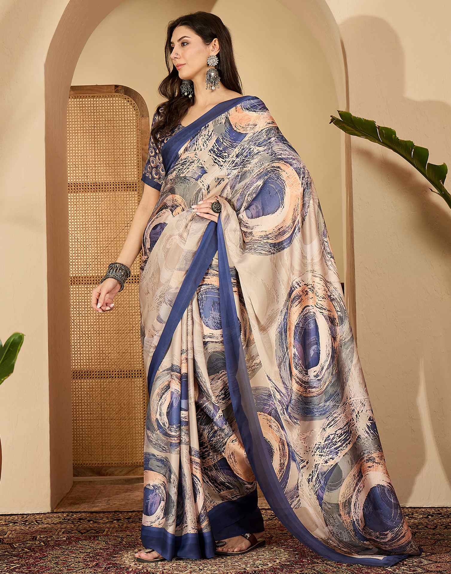 Peach Satin Printed Saree - Image 4