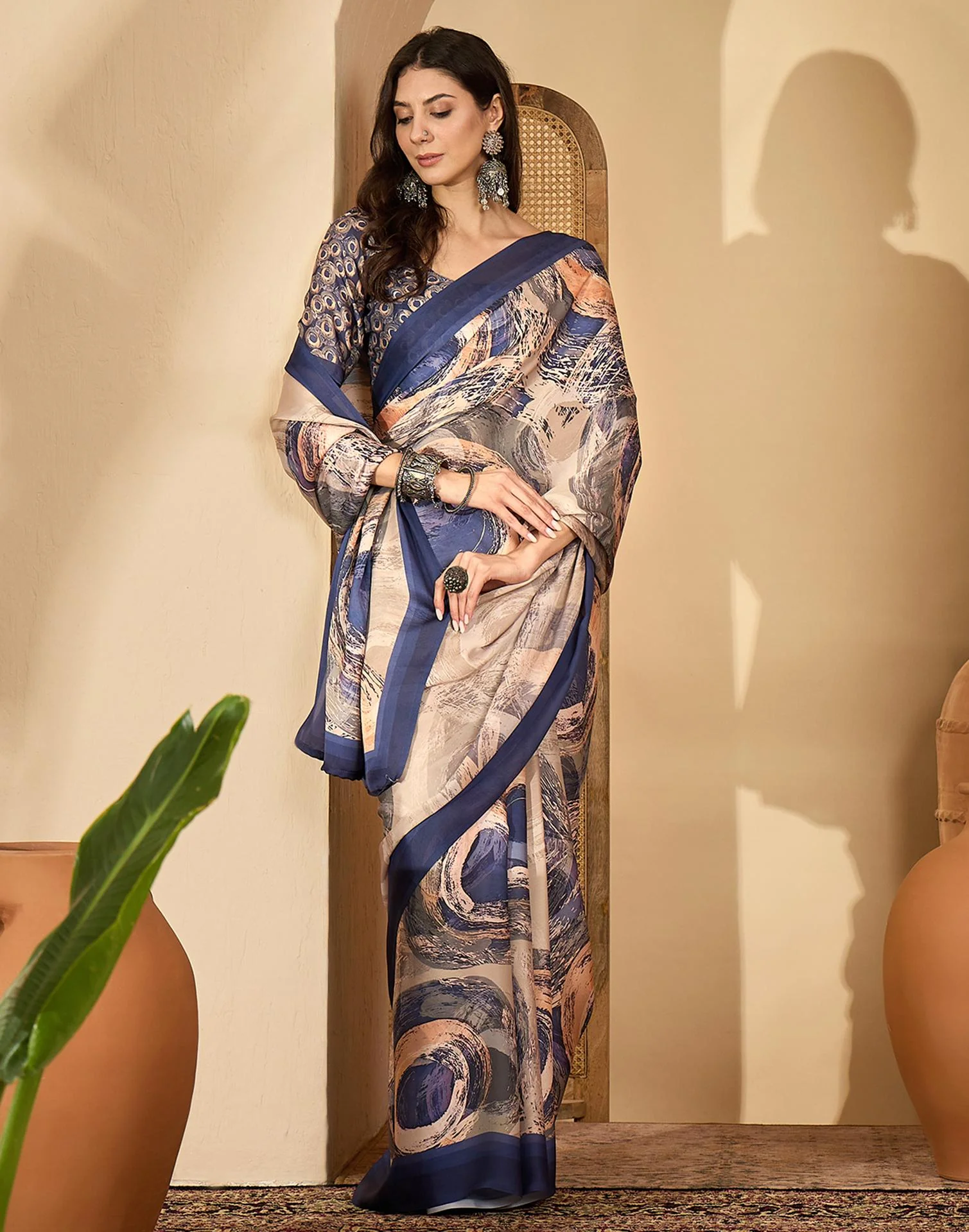 Peach Satin Printed Saree - Image 5