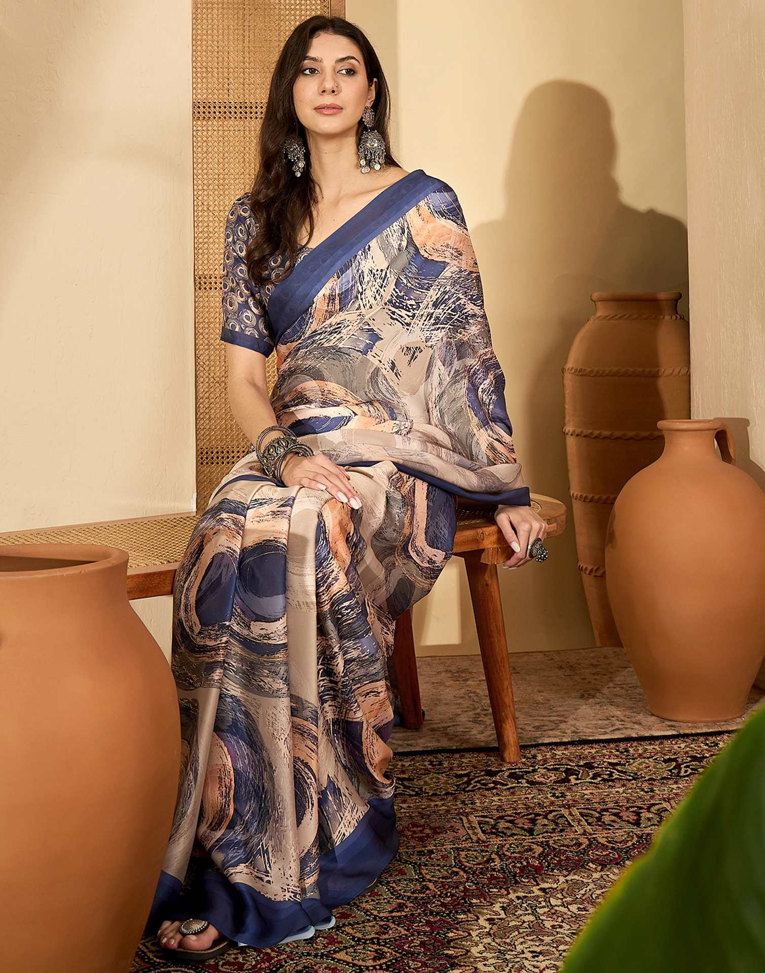 Peach Satin Printed Saree - Image 7