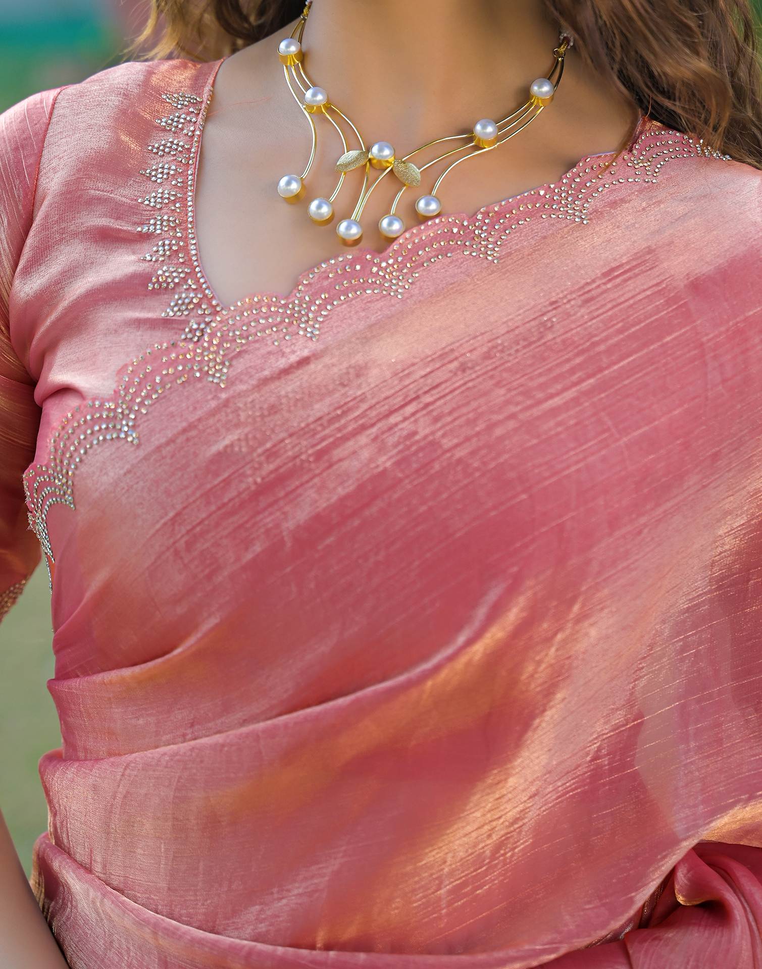 Peach Shimmer Chiffon Stone Work Swarovski saree - Image 10