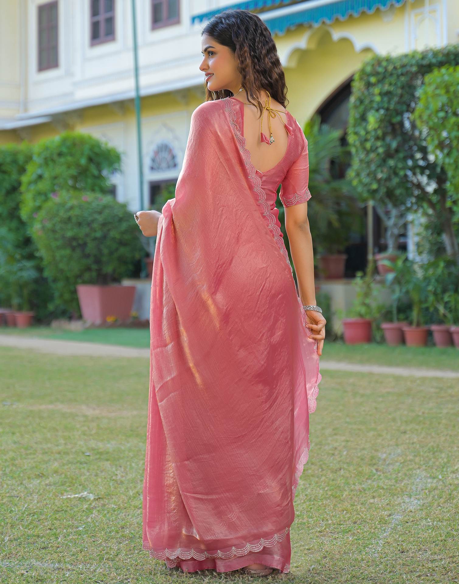 Peach Shimmer Chiffon Stone Work Swarovski saree - Image 6