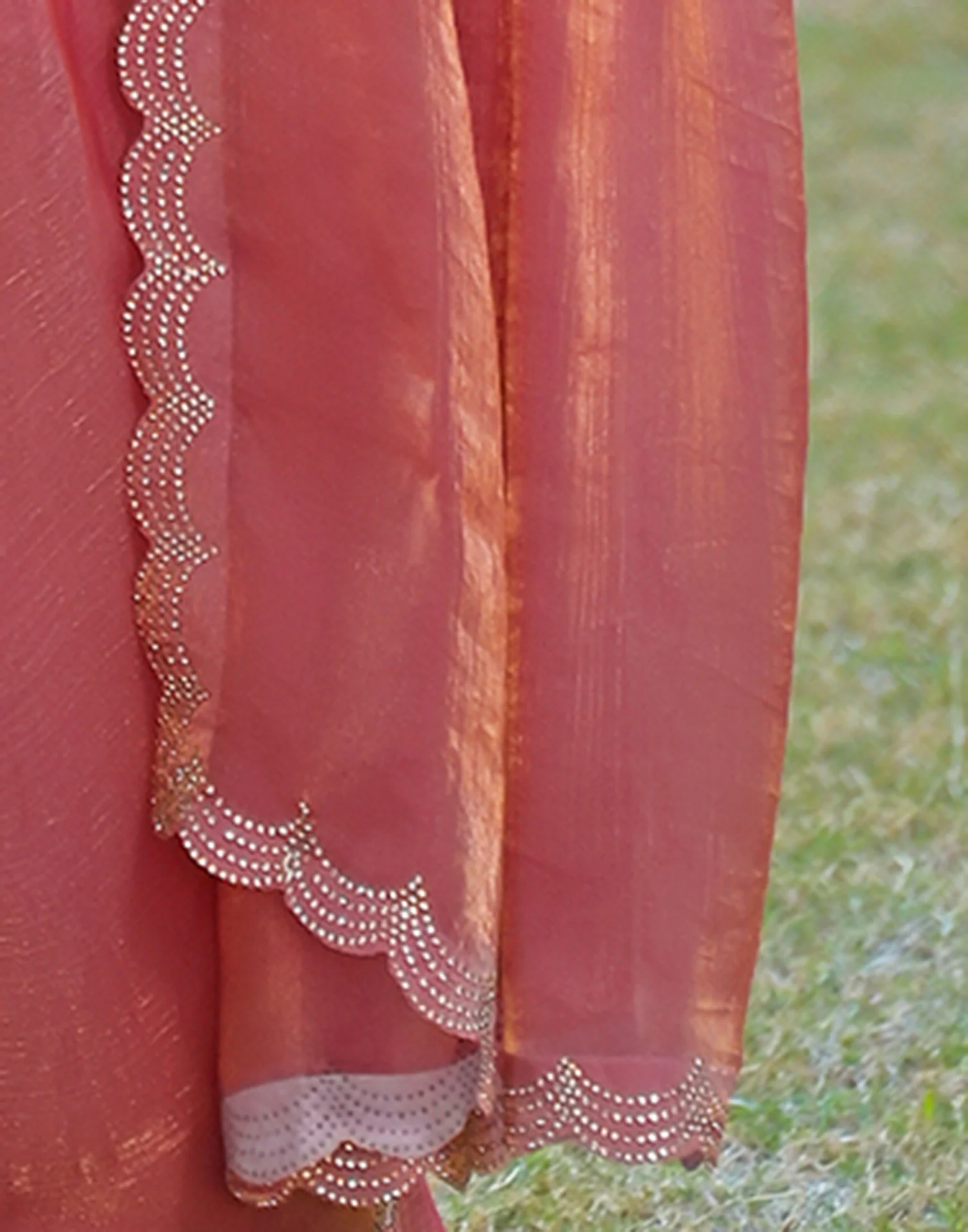 Peach Shimmer Chiffon Stone Work Swarovski saree - Image 8