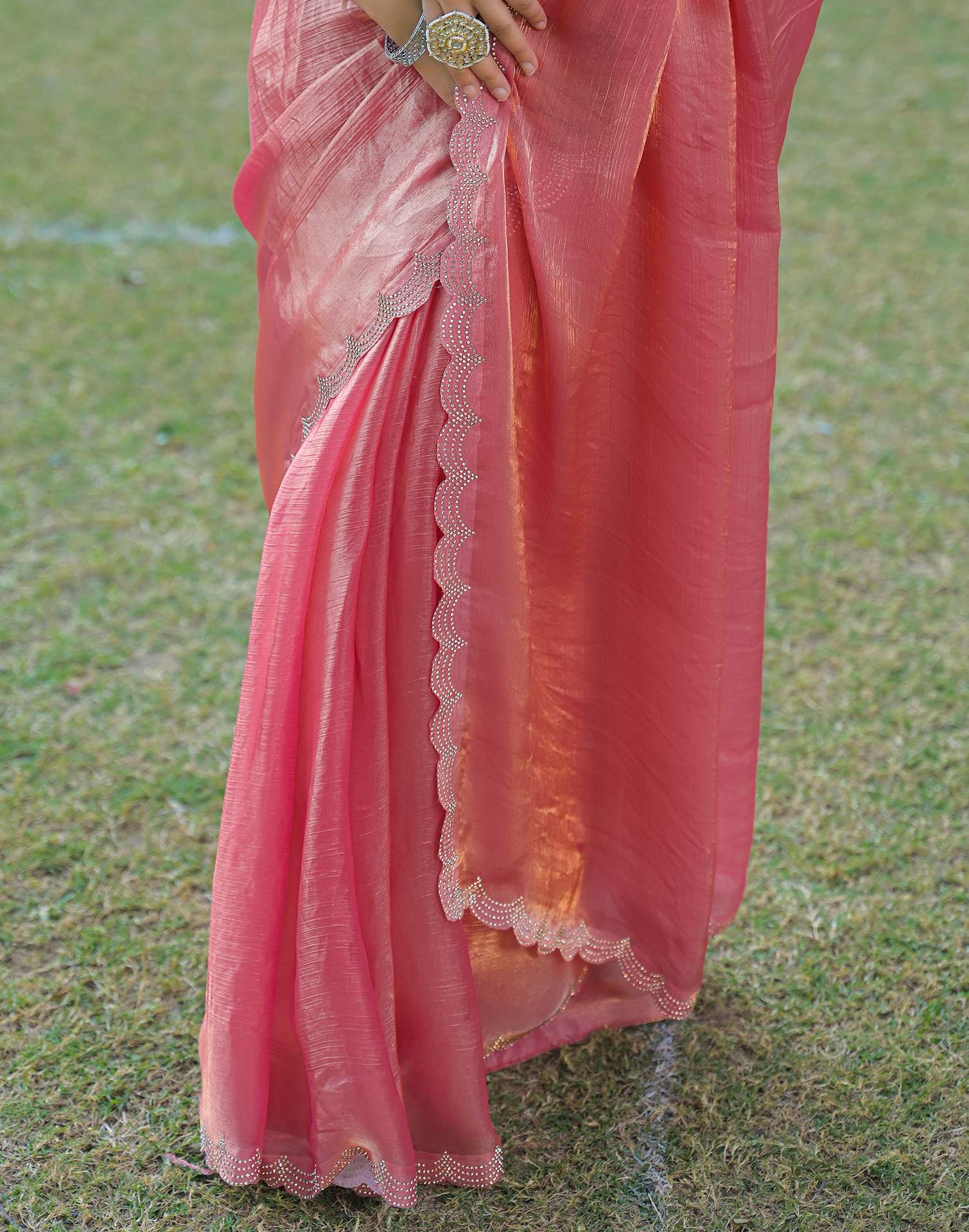 Peach Shimmer Chiffon Stone Work Swarovski saree - Image 9