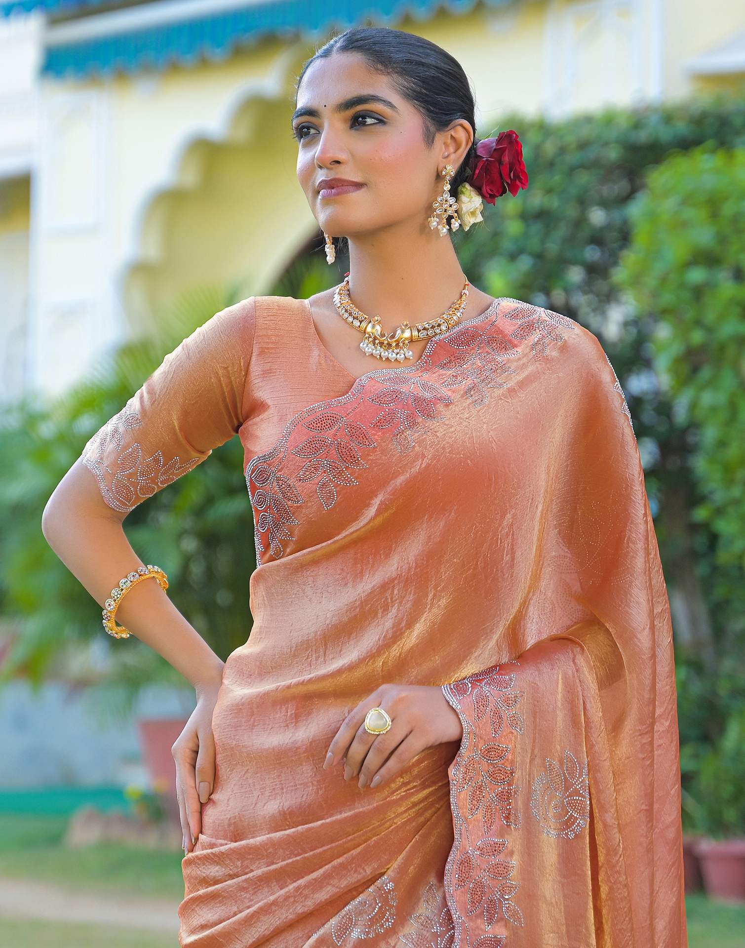 Peach Shimmer Stone Work Embellished Saree - Image 2