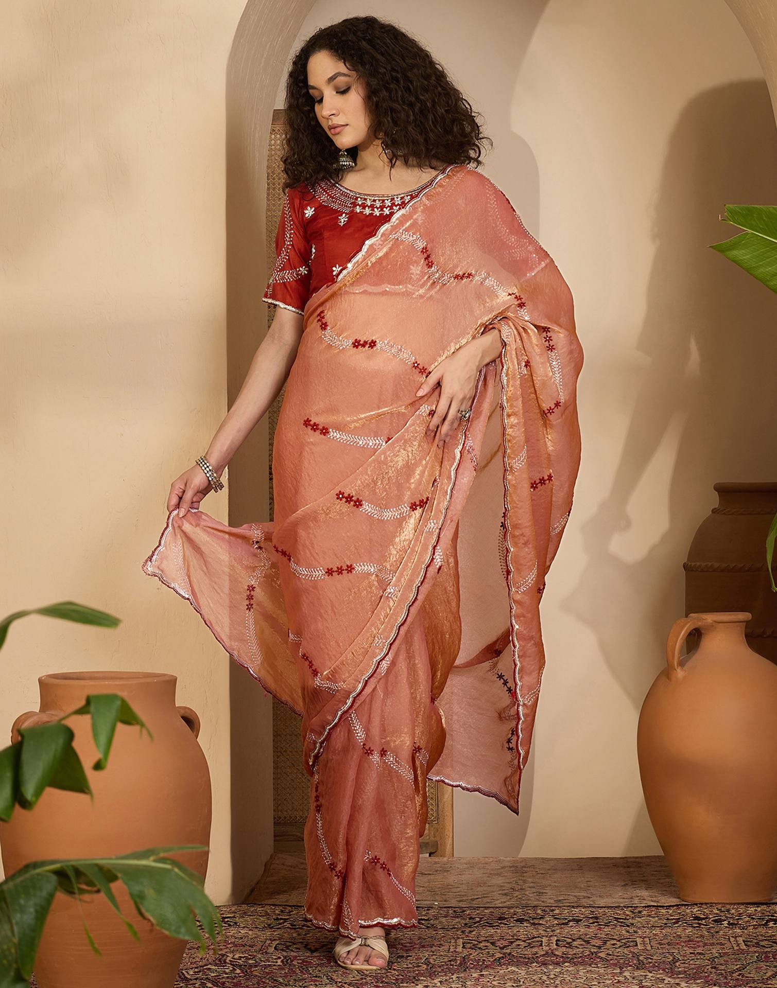 Peach Shimmer Tissue Sequence Embroidery saree