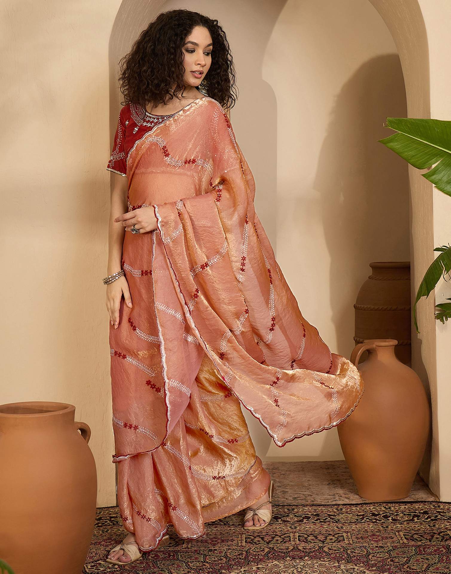 Peach Shimmer Tissue Sequence Embroidery saree - Image 5