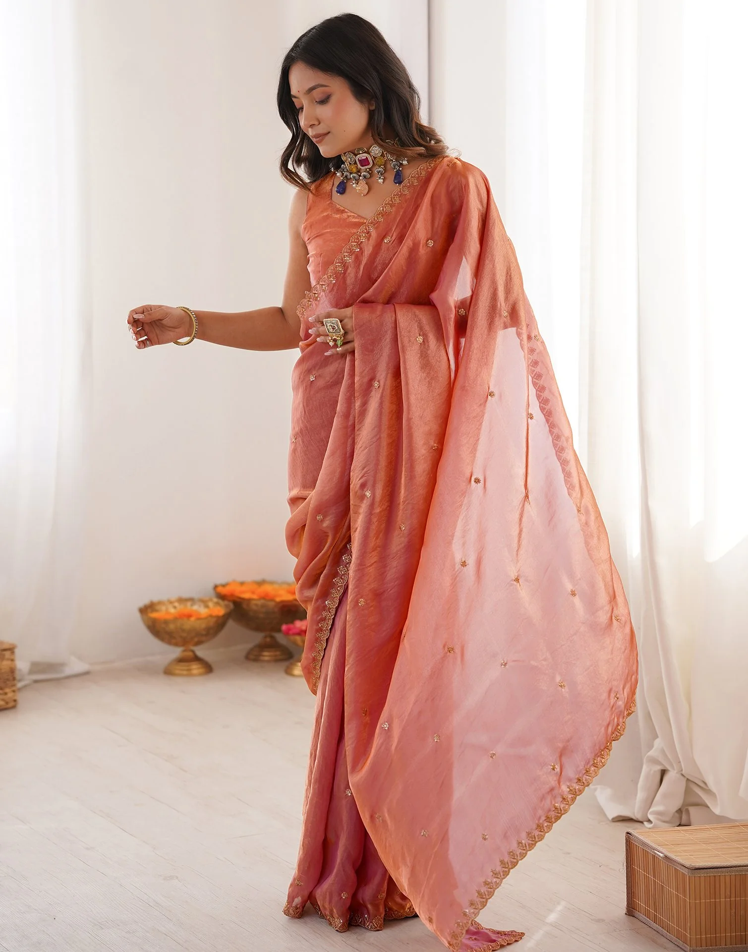 Peach Shimmer Tissue Sequence Embroidery Saree - Image 6
