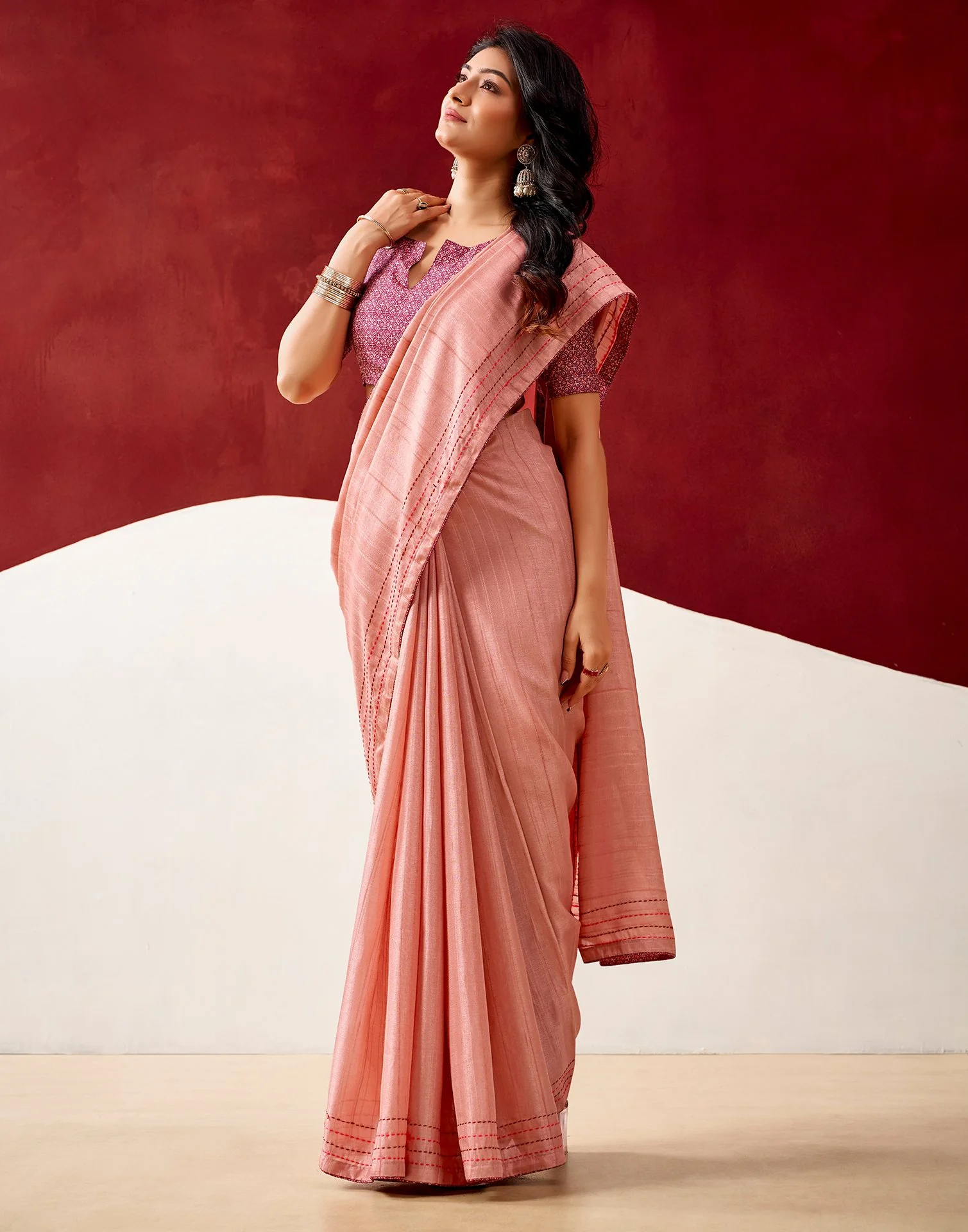 Peach Silk Embroidery Saree - Image 4