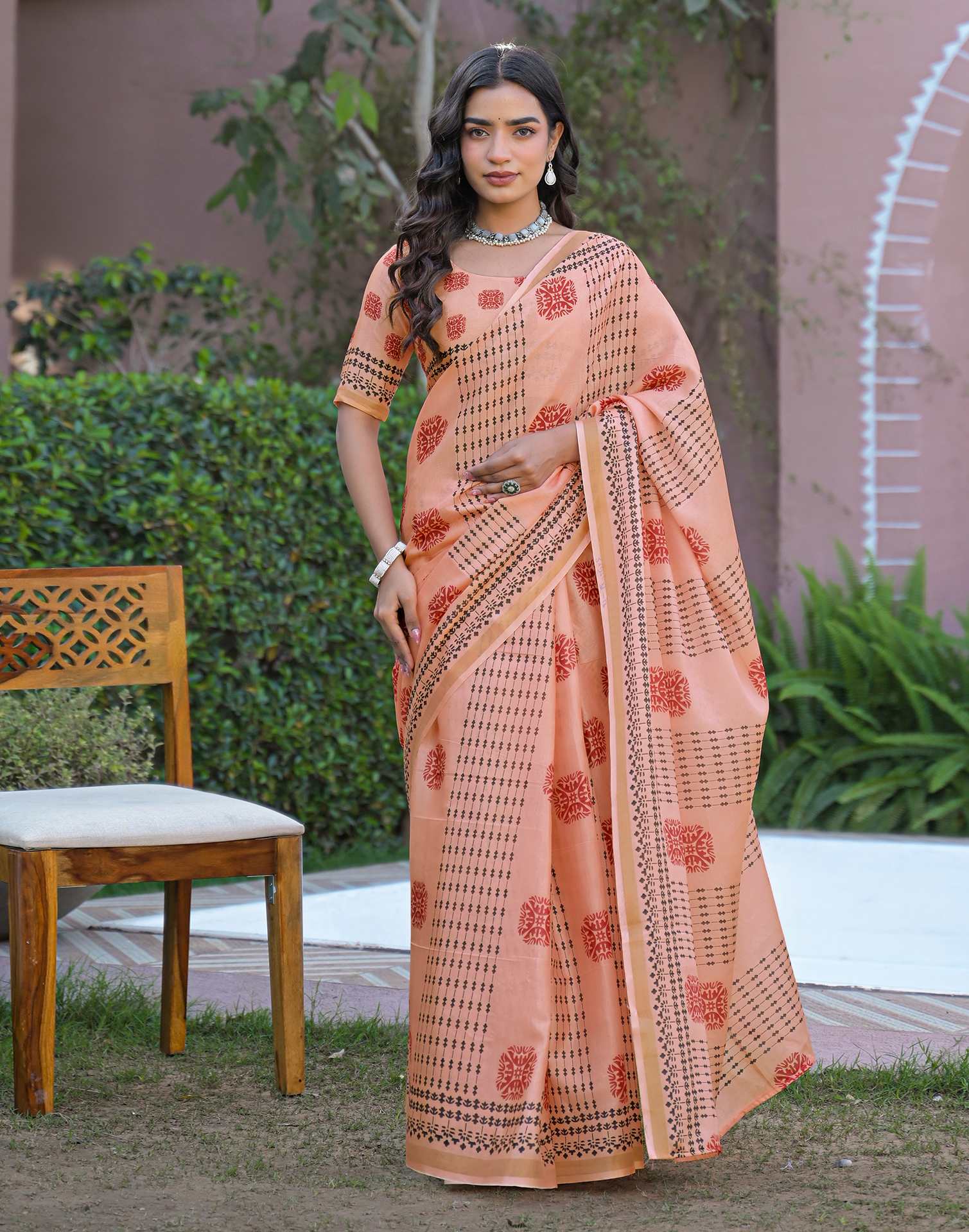 Peach Silk Printed Saree - Image 2