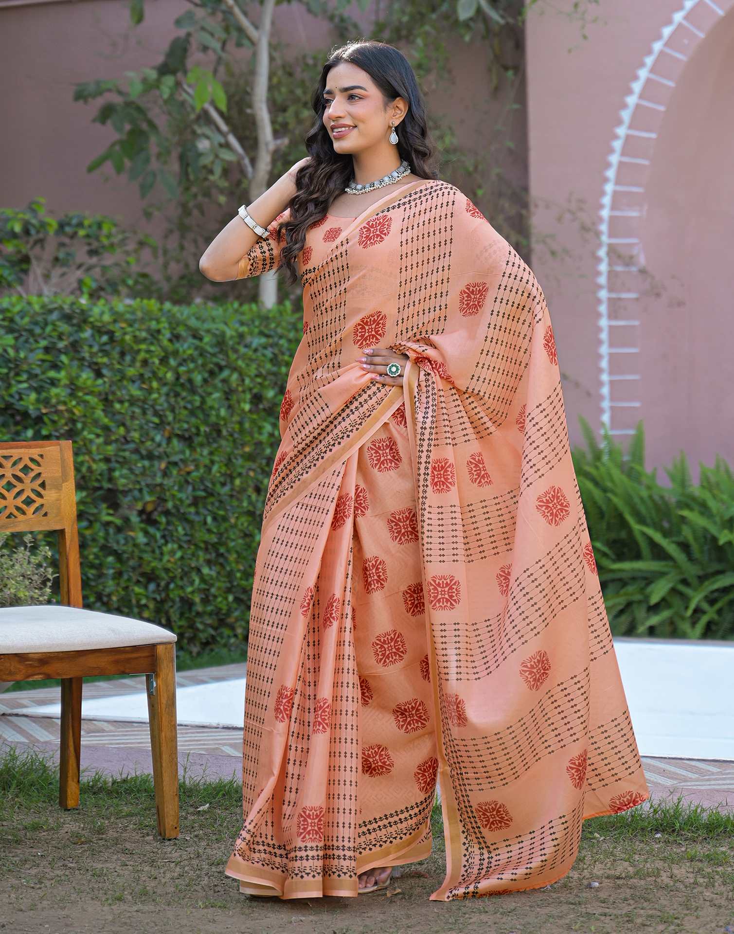 Peach Silk Printed Saree - Image 4