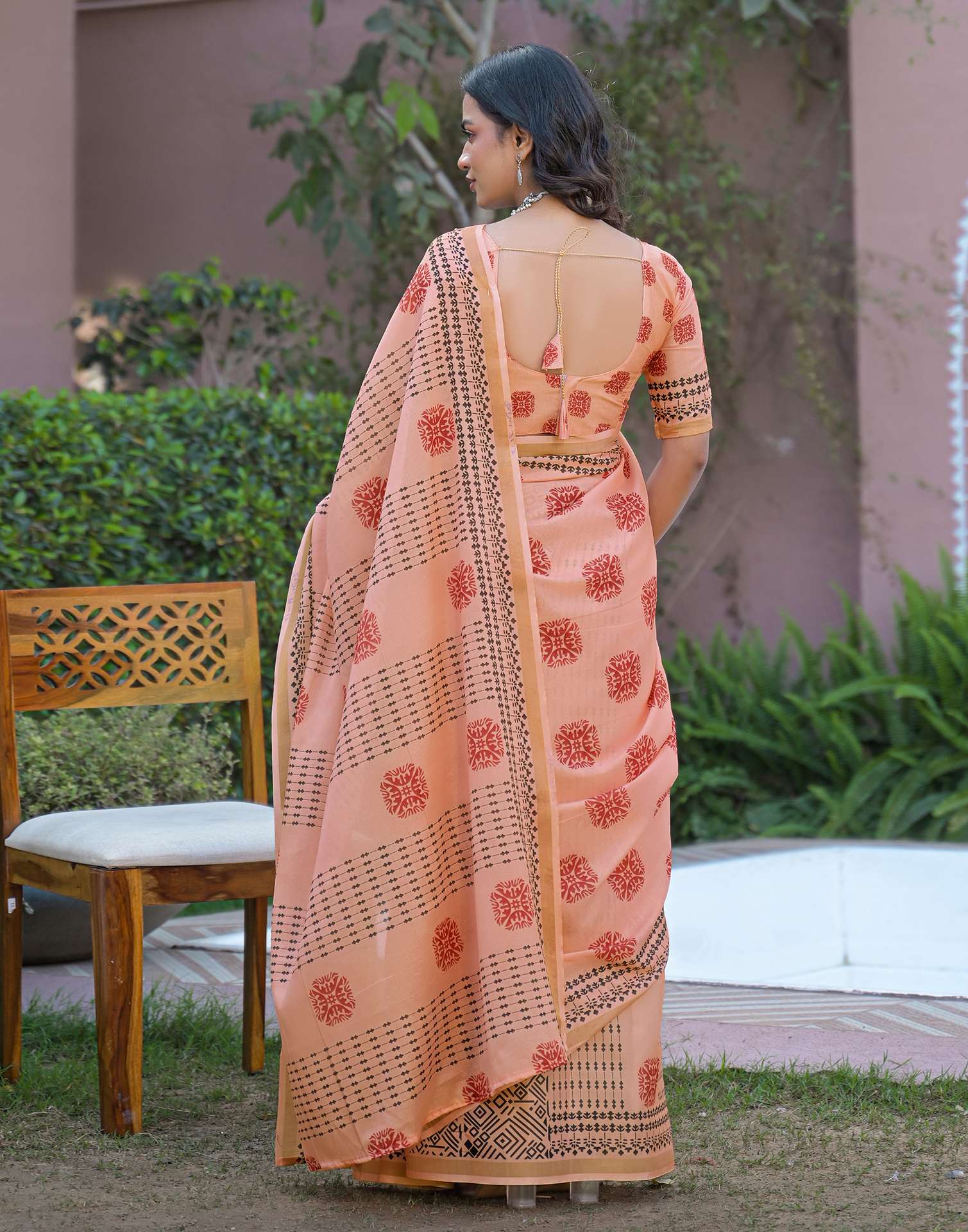 Peach Silk Printed Saree - Image 6
