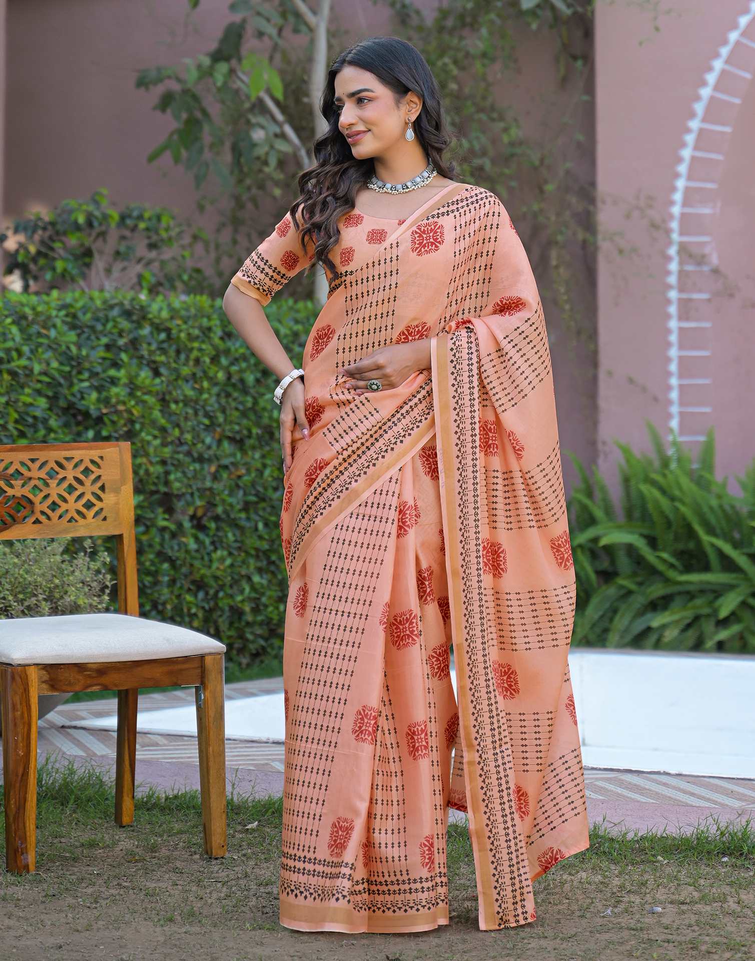 Peach Silk Printed Saree - Image 7