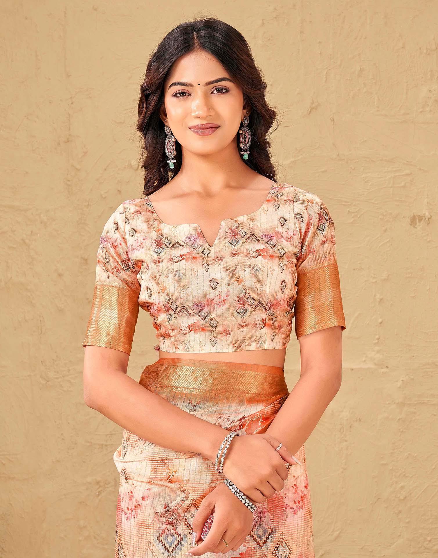 Peach Silk Printed Woven Border Saree - Image 8