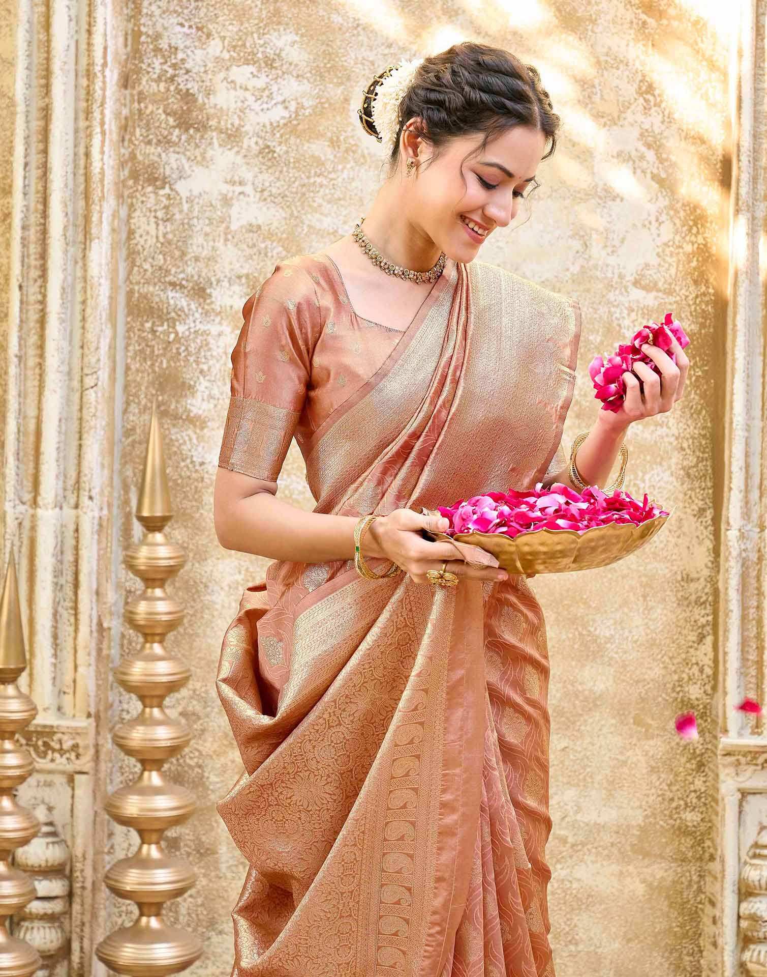 Peach Silk Woven Banarasi Saree - Image 2