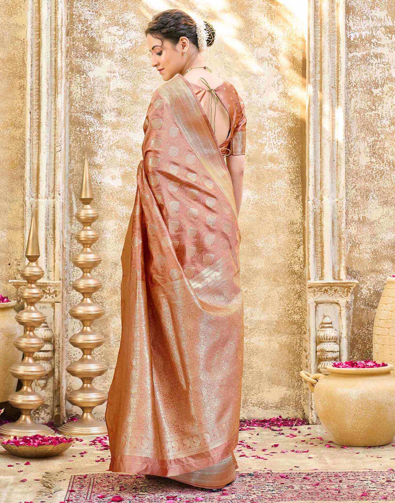 Peach Silk Woven Banarasi Saree - Image 6