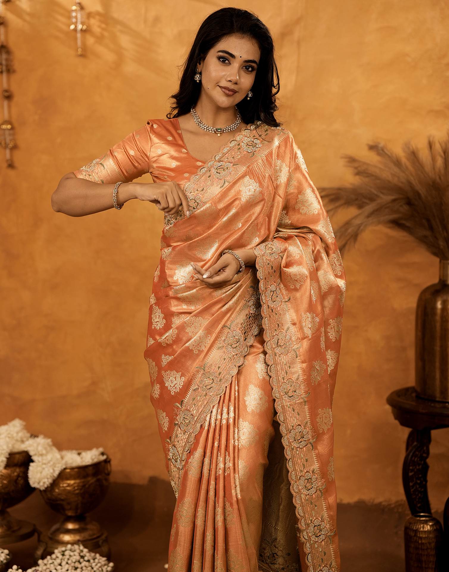 Peach Silk Woven Embroidery Stone Work Banarasi Saree - Image 10