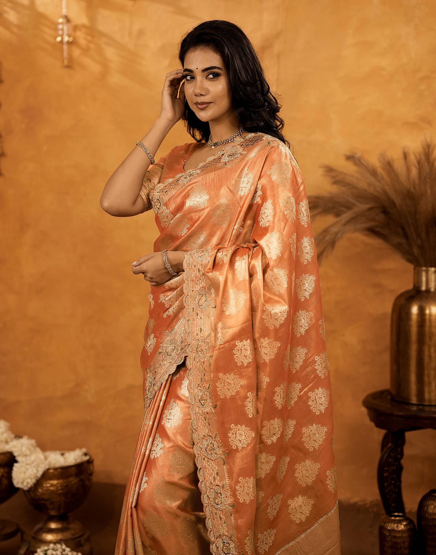 Peach Silk Woven Embroidery Stone Work Banarasi Saree - Image 2