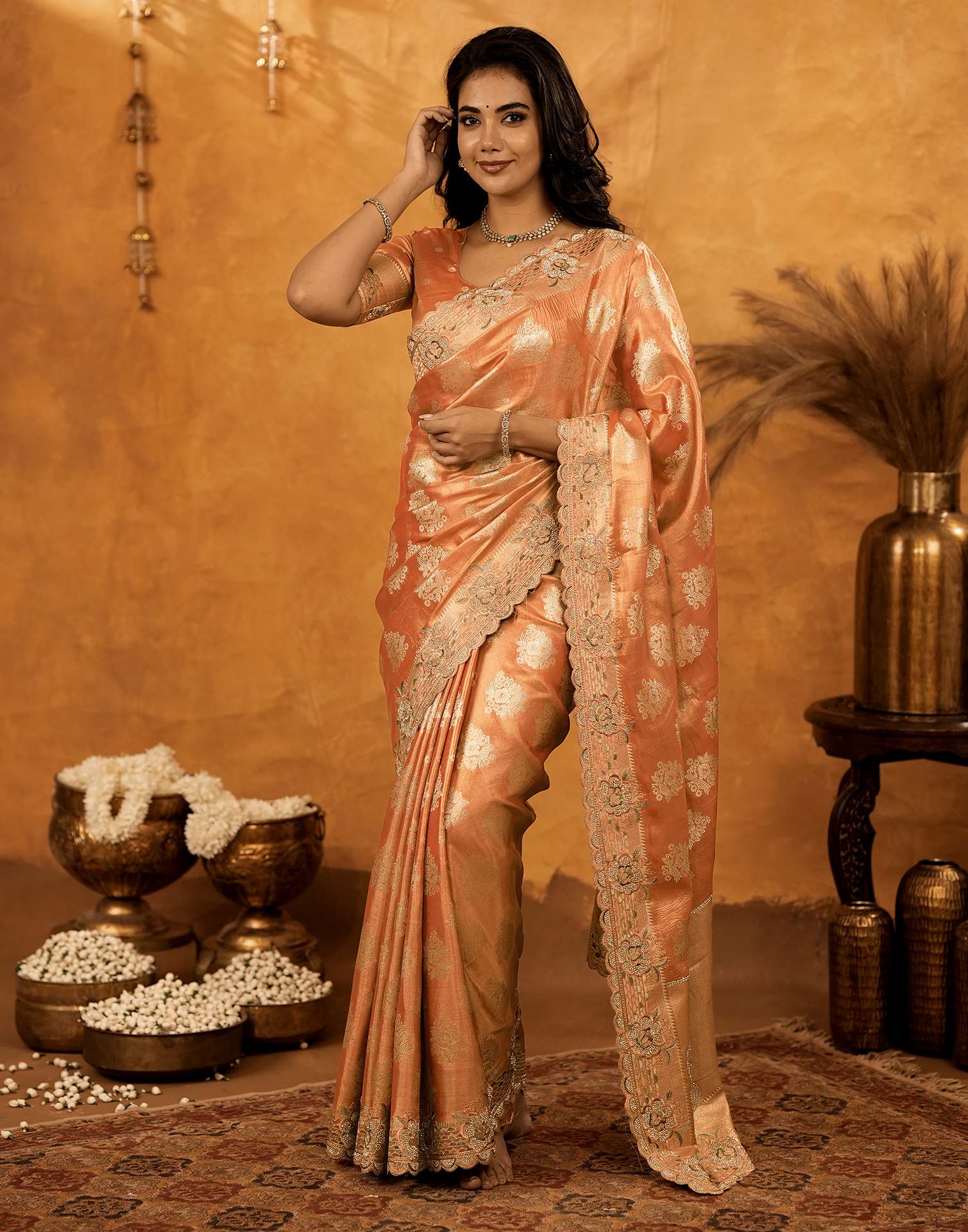 Peach Silk Woven Embroidery Stone Work Banarasi Saree - Image 4