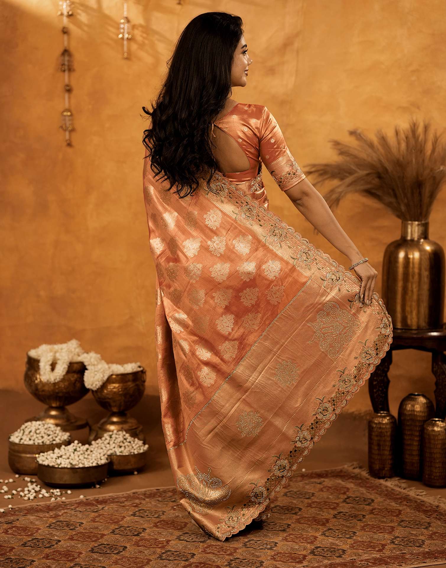 Peach Silk Woven Embroidery Stone Work Banarasi Saree - Image 6