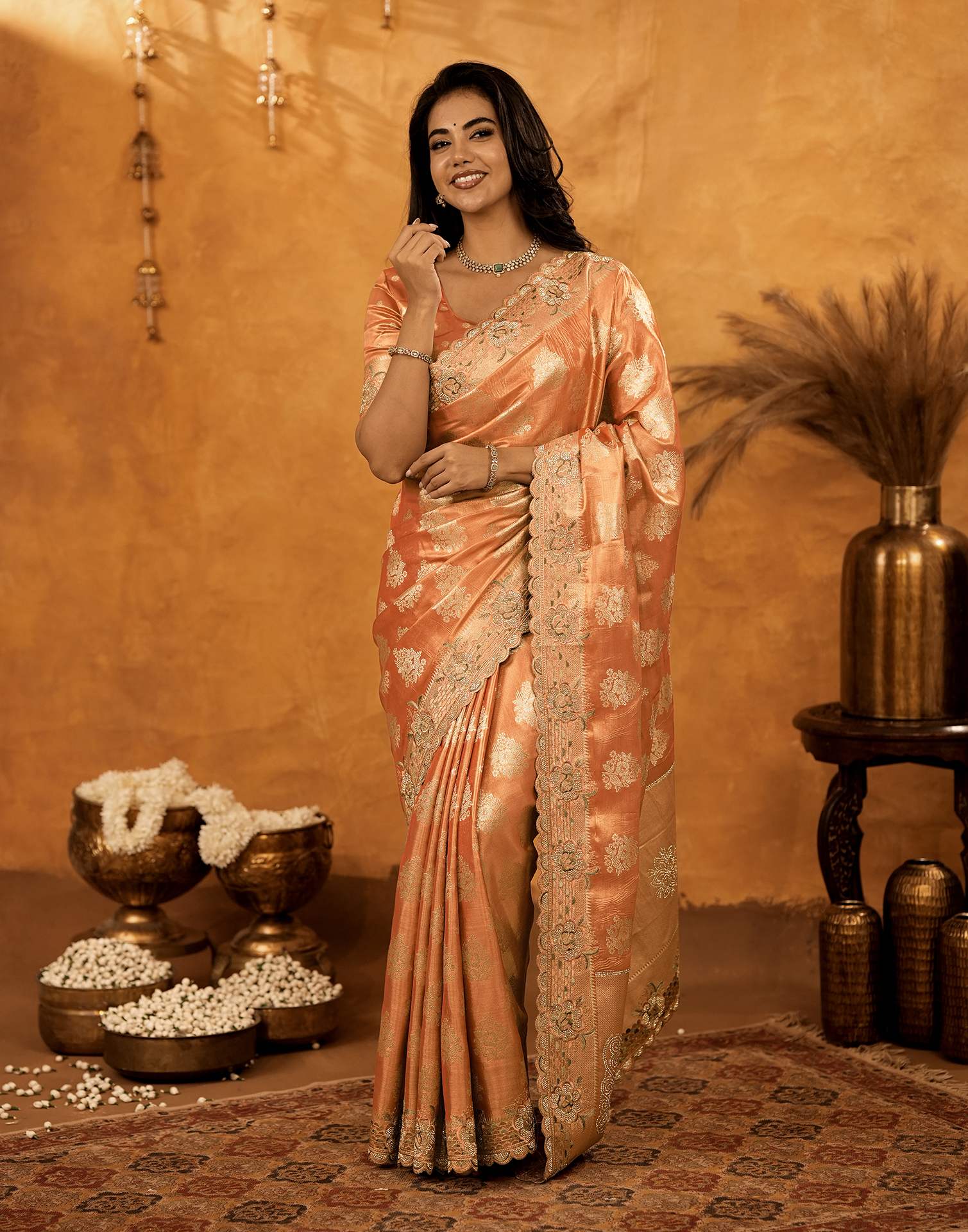 Peach Silk Woven Embroidery Stone Work Banarasi Saree - Image 7