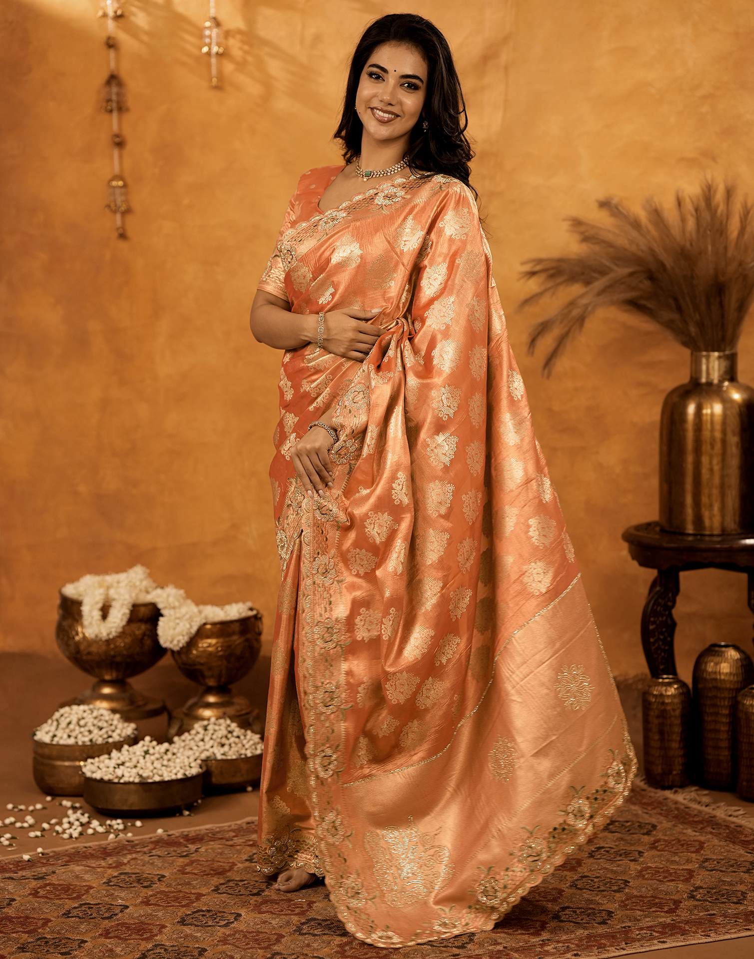Peach Silk Woven Embroidery Stone Work Banarasi Saree - Image 8