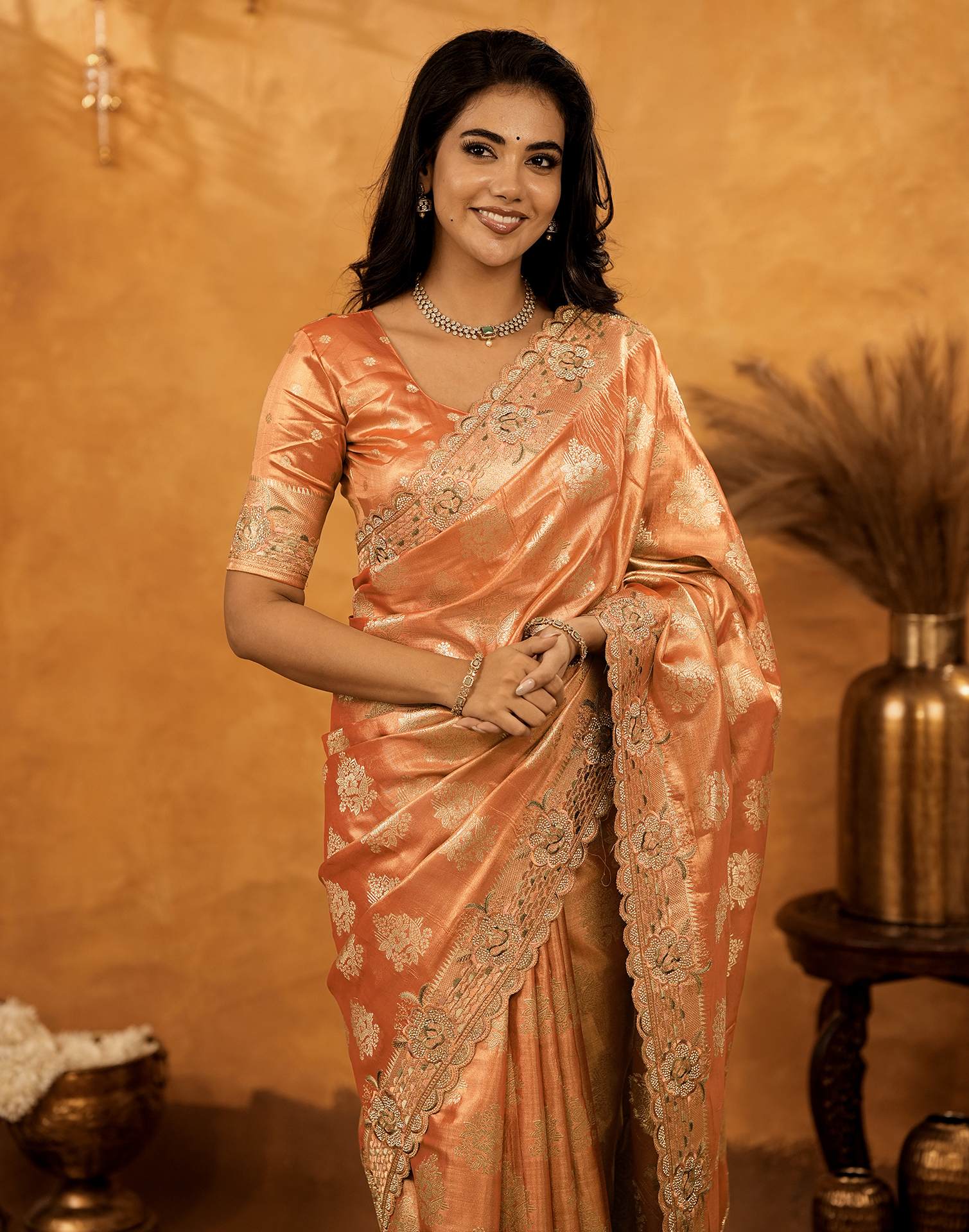 Peach Silk Woven Embroidery Stone Work Banarasi Saree - Image 9